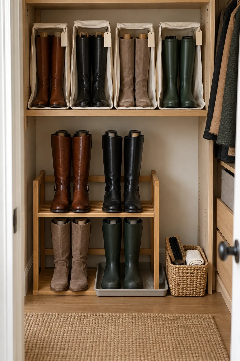 Tall boots stored upright in an organized closet with supported shafts