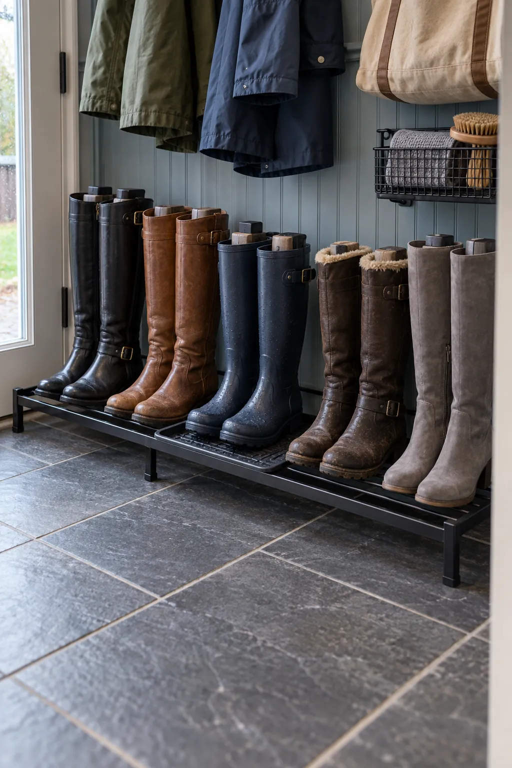 Daily tall boots stored upright on a low closet floor rack with a washable tray