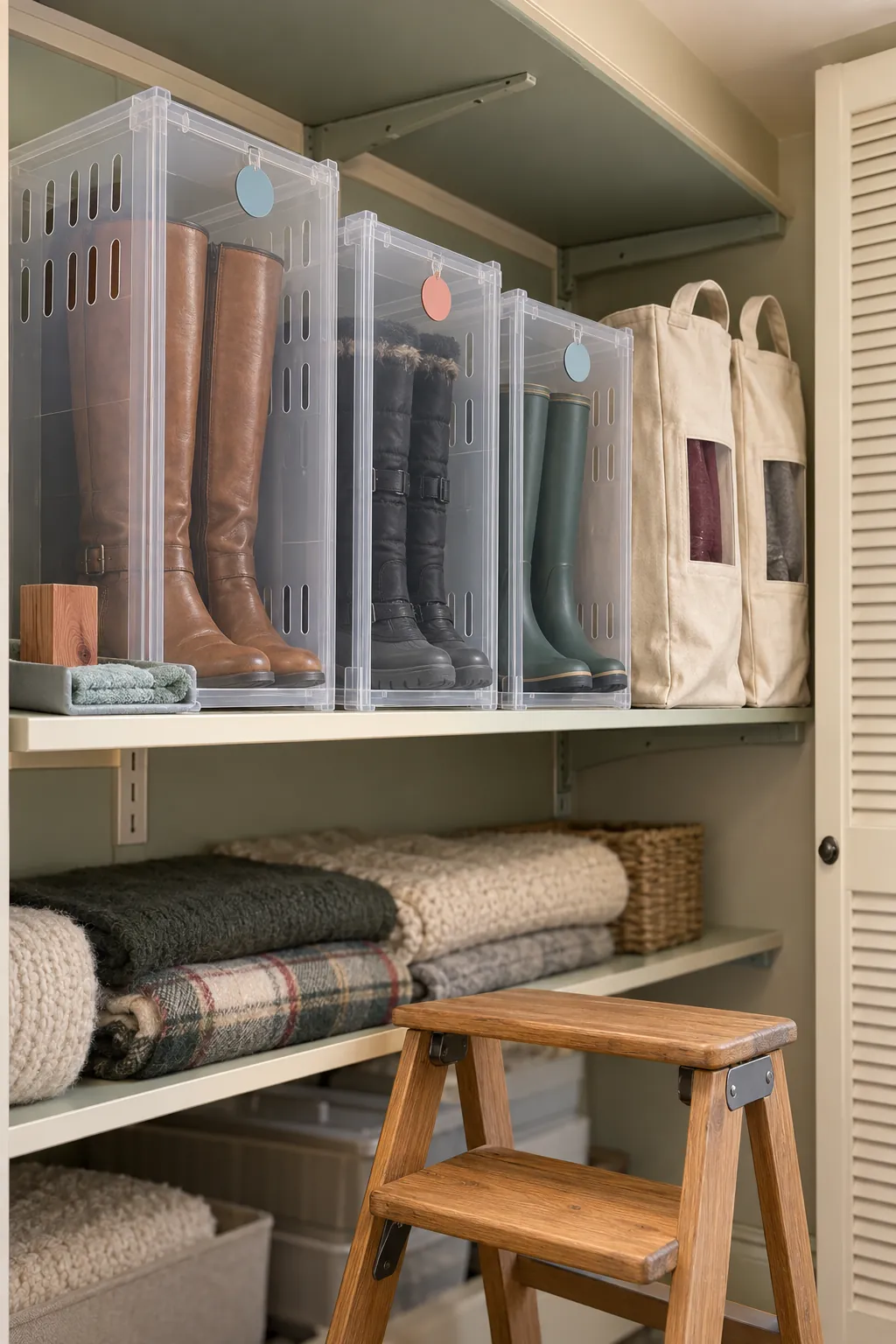 Seasonal tall boots stored upright in labeled ventilated boxes on an upper closet shelf