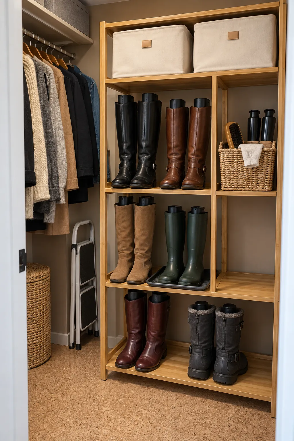 Organized small closet boot zone with supported daily pairs and labeled seasonal storage