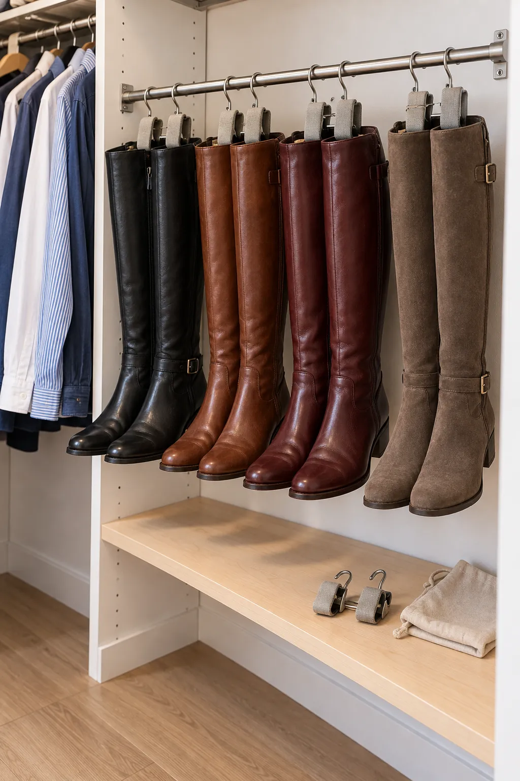 Tall boots suspended from padded clips on a hanging closet organizer