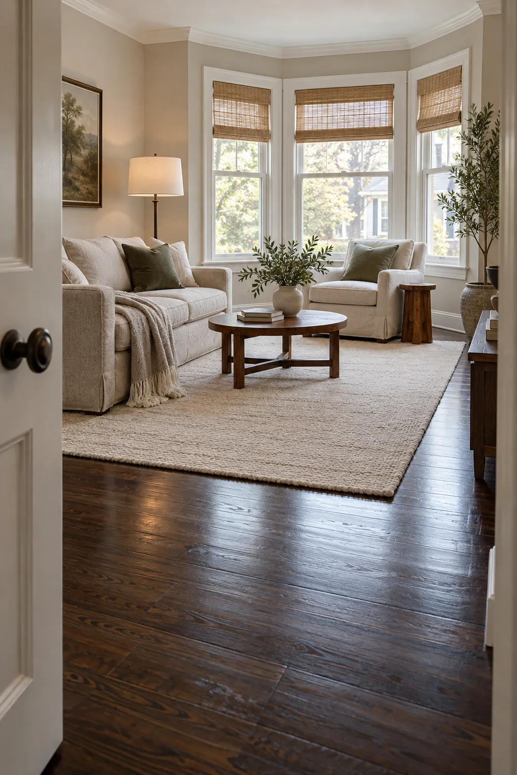 Start With a Large Cream Rug in a cozy living room with dark hardwood floors
