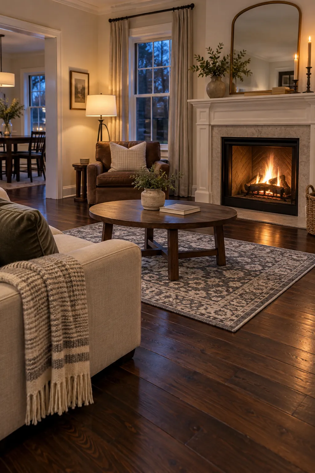 Layer a Smaller Patterned Rug in a cozy living room with dark hardwood floors