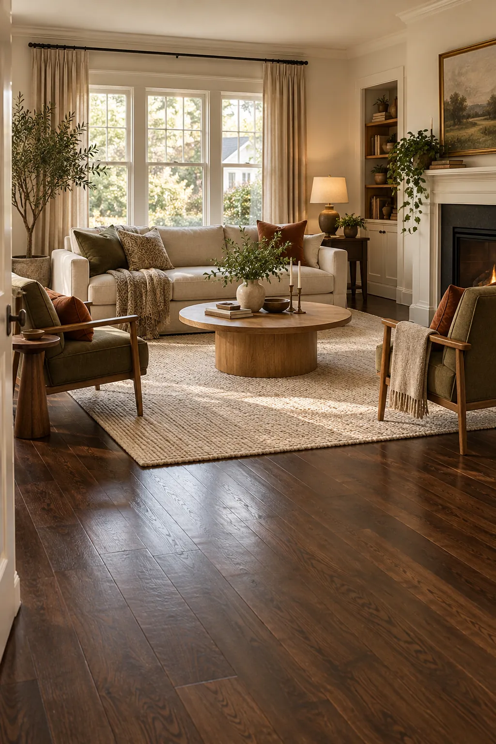 Cozy living room with dark hardwood floors and light natural textures