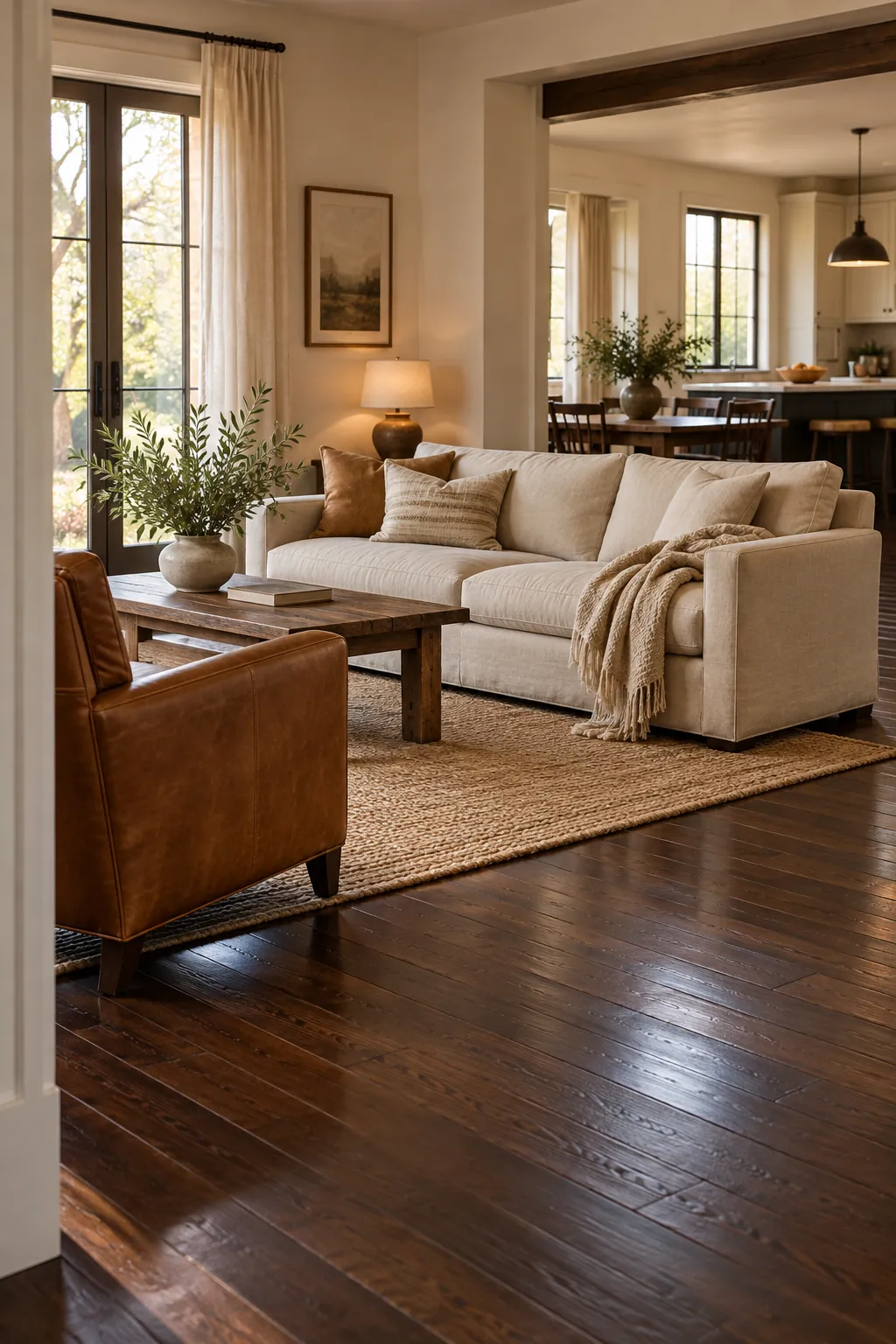 Choose an Oatmeal Linen Sofa in a cozy living room with dark hardwood floors