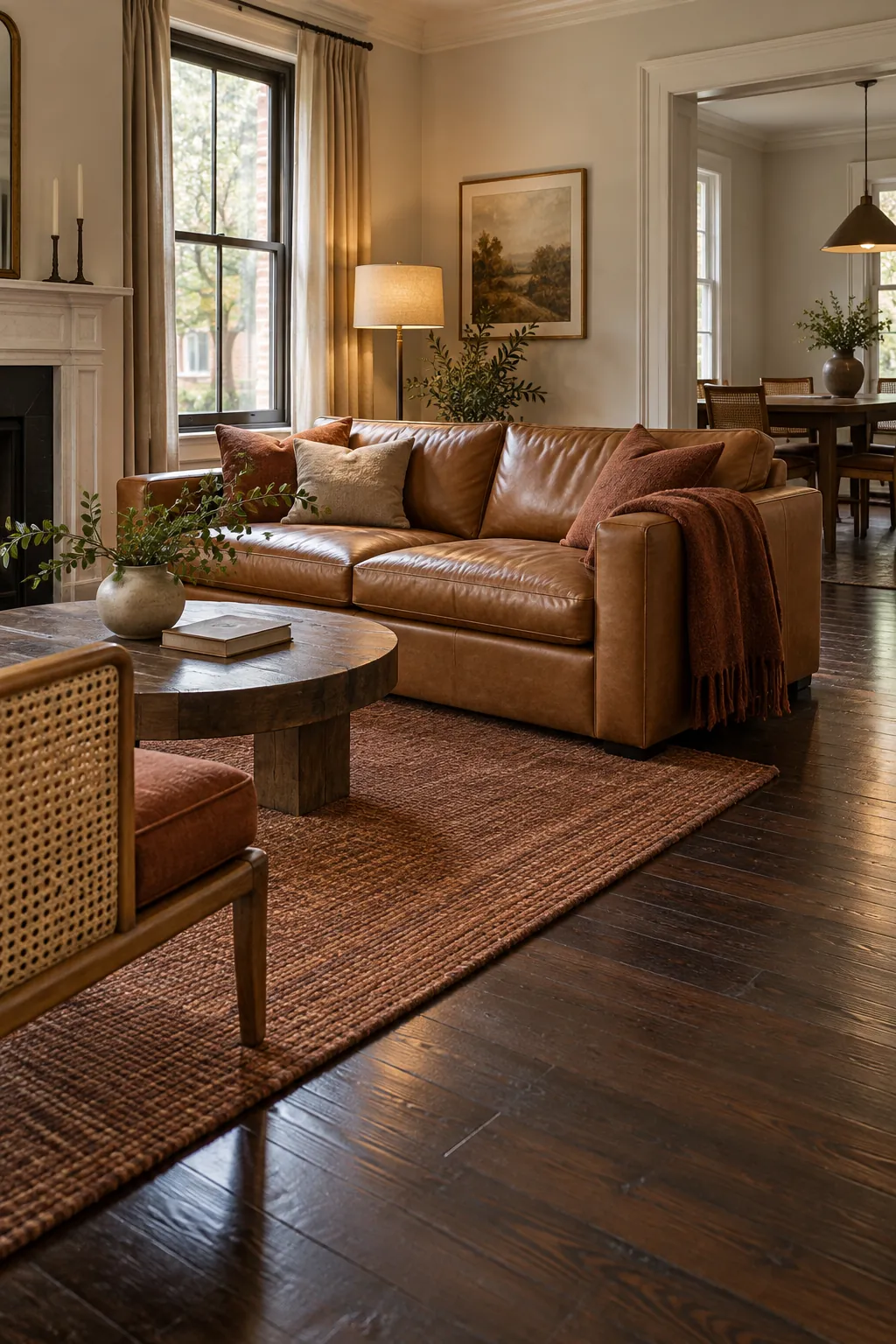 Bring In Camel Leather in a cozy living room with dark hardwood floors