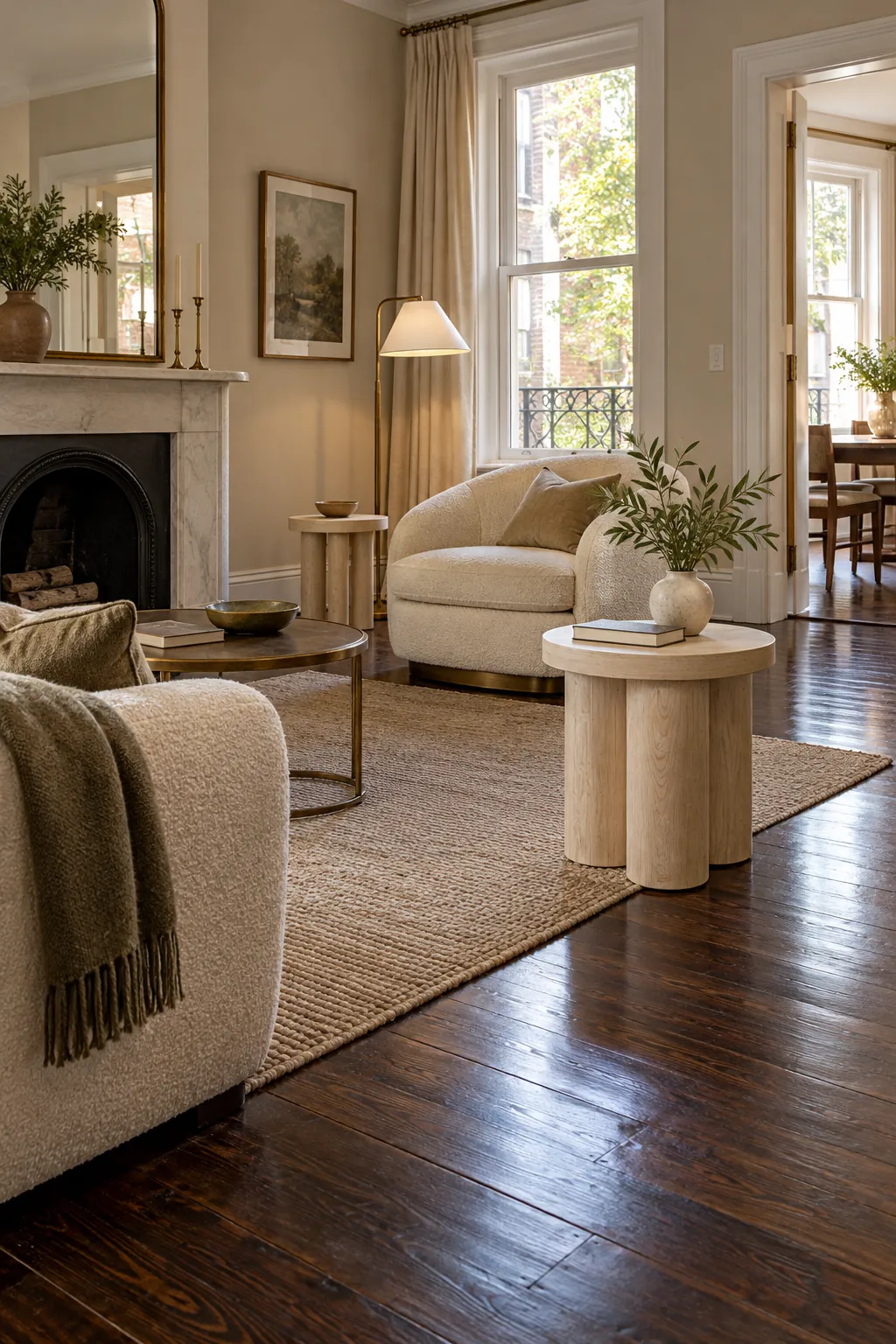 Add Pale Wood Side Tables in a cozy living room with dark hardwood floors