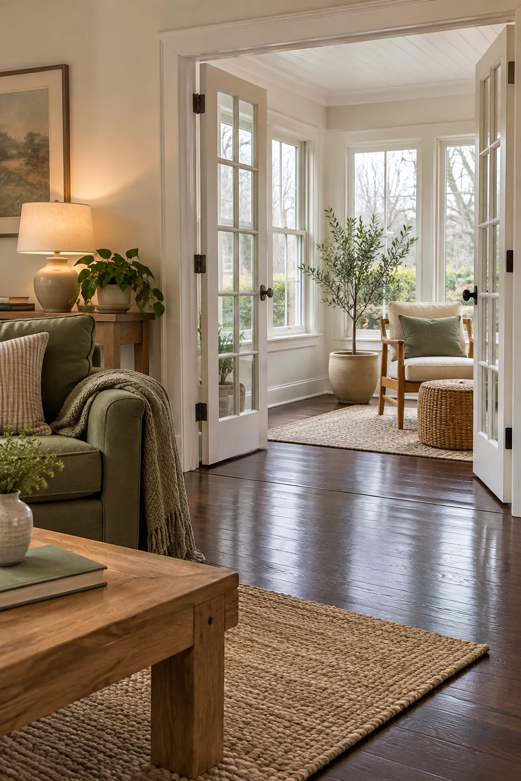 Use Warm White Walls in a cozy living room with dark hardwood floors