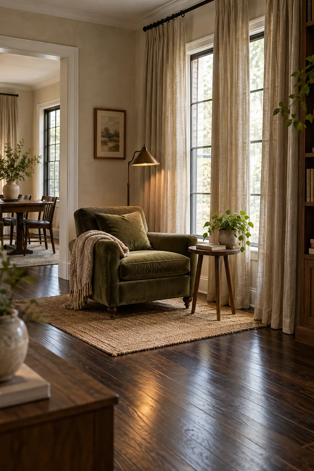 Hang Full Flax Curtains in a cozy living room with dark hardwood floors