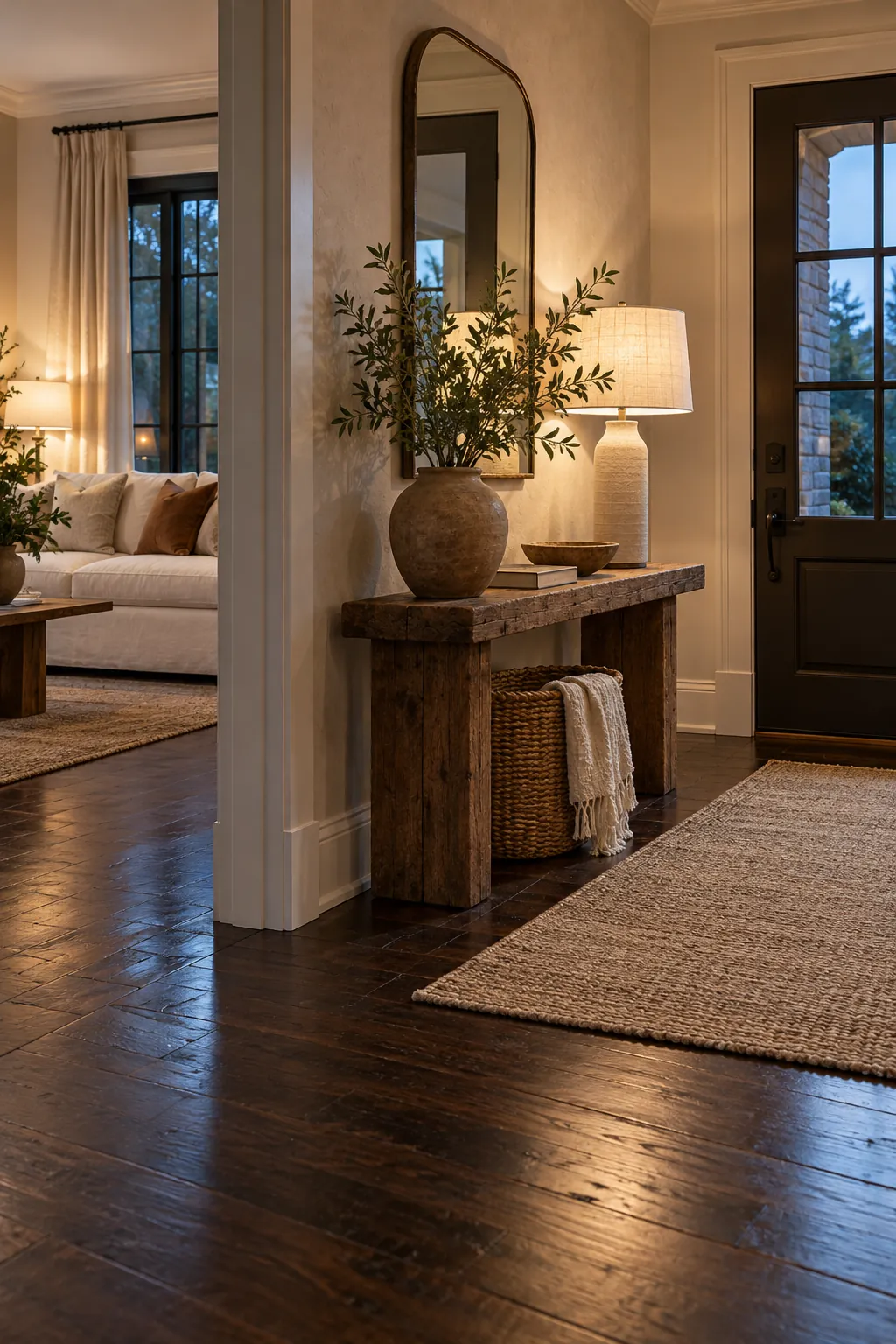 Mix Chunky and Fine Textures in a cozy living room with dark hardwood floors