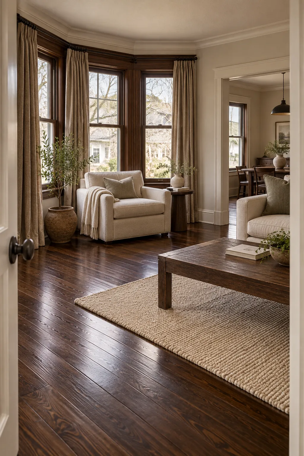 Repeat the Floor Color Up High in a cozy living room with dark hardwood floors