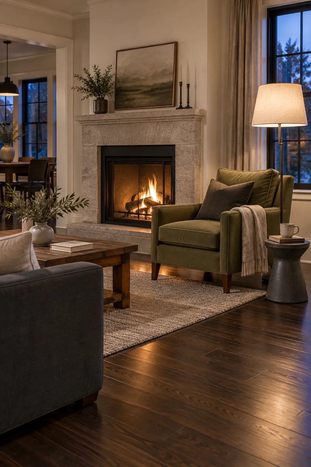 Add an Olive Green Chair in a cozy living room with dark hardwood floors