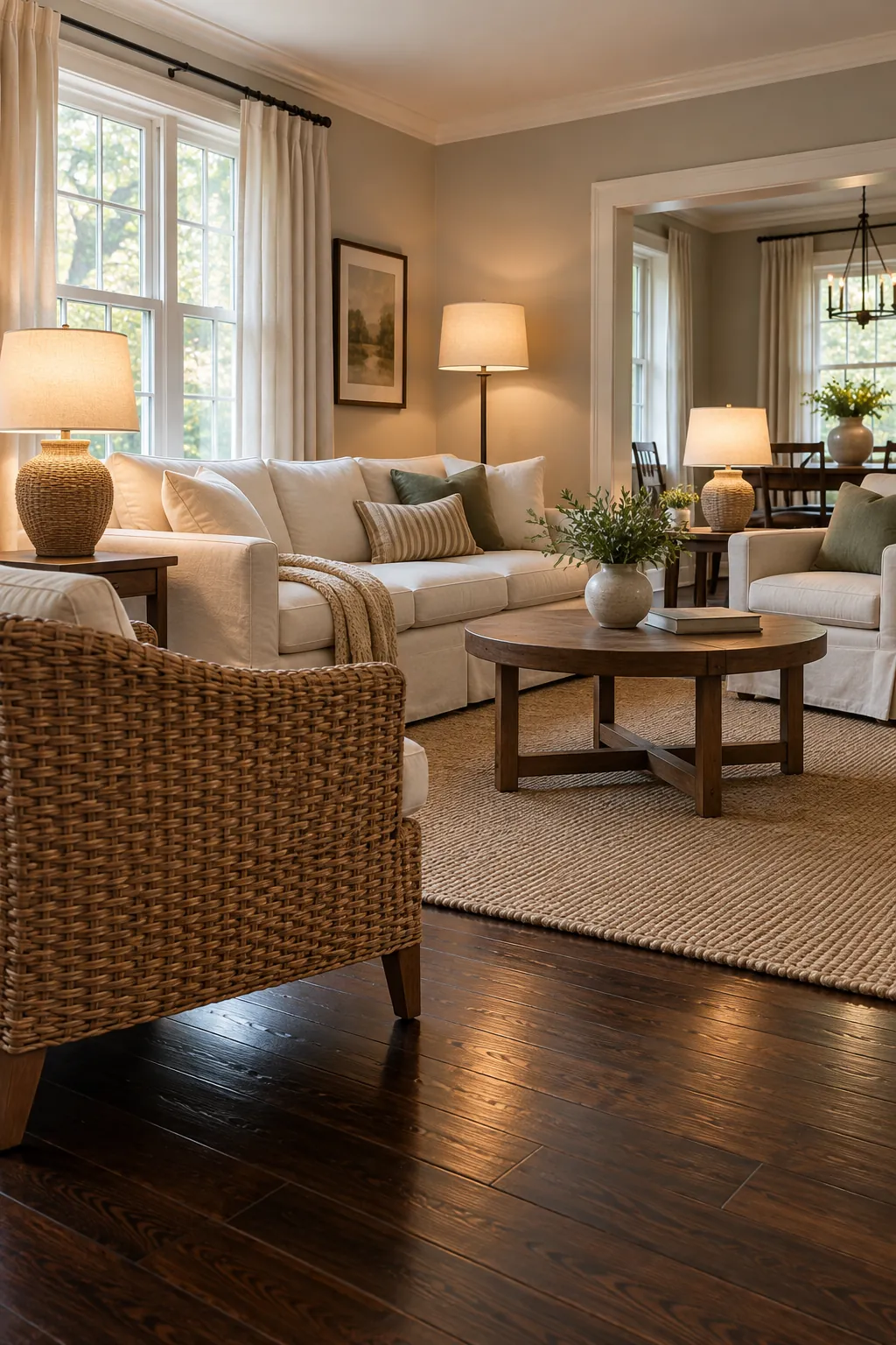 Build a Soft Lamp Triangle in a cozy living room with dark hardwood floors