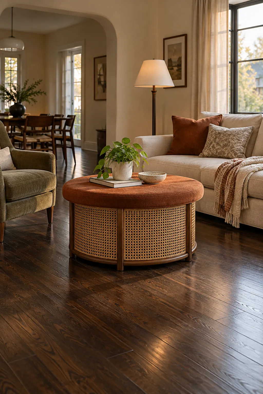 Place a Round Coffee Table in a cozy living room with dark hardwood floors