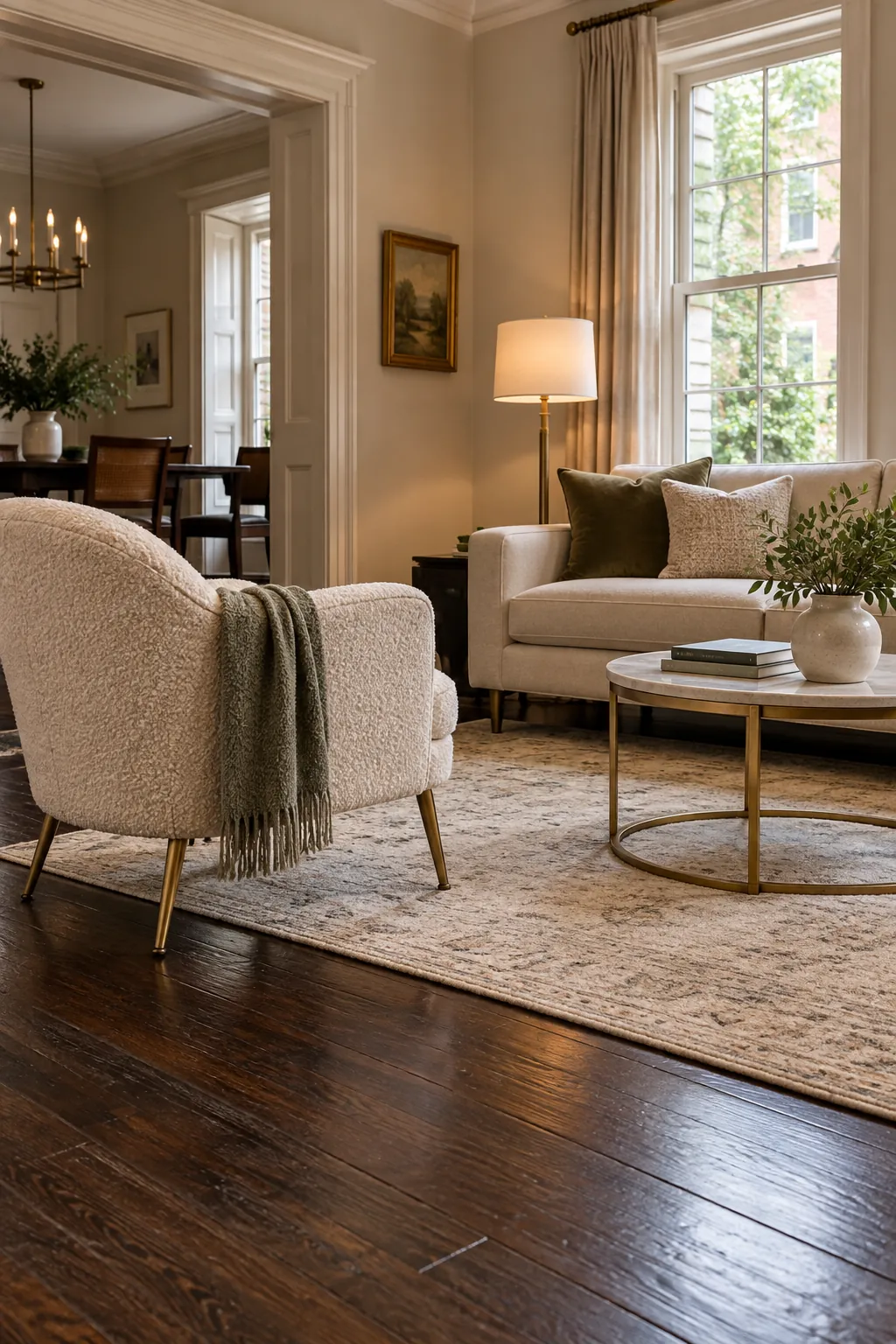 Choose Furniture With Visible Legs in a cozy living room with dark hardwood floors