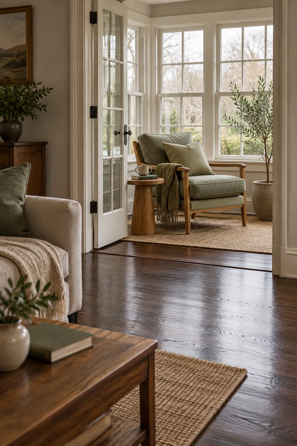 Set Up a Window Reading Corner in a cozy living room with dark hardwood floors