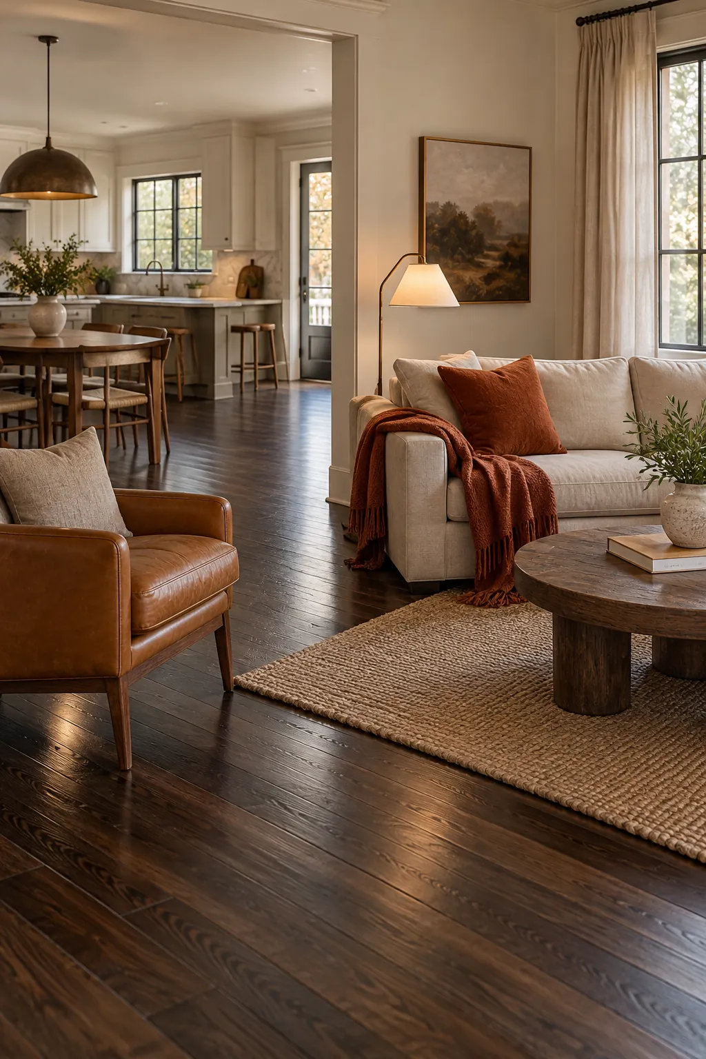 Use Rust as a Small Accent in a cozy living room with dark hardwood floors