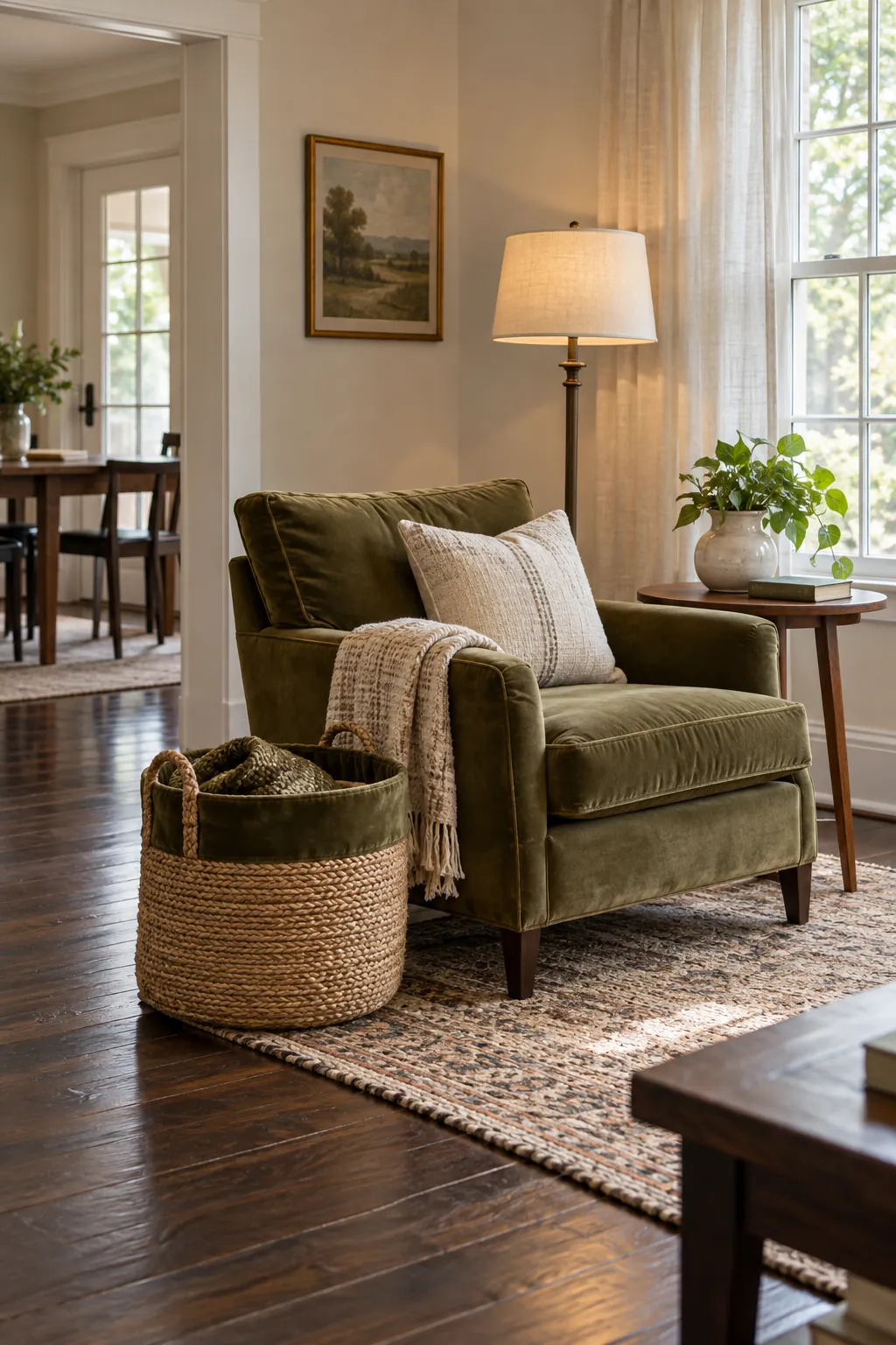 Add a Woven Storage Basket in a cozy living room with dark hardwood floors