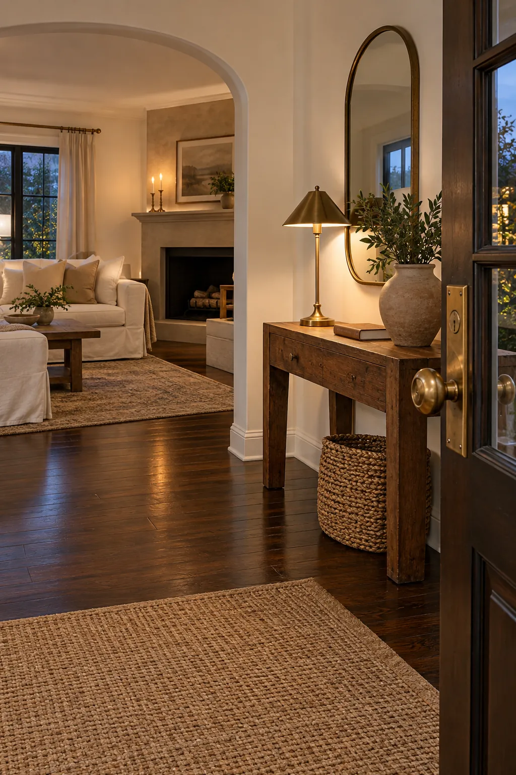 Use Aged Brass Details in a cozy living room with dark hardwood floors