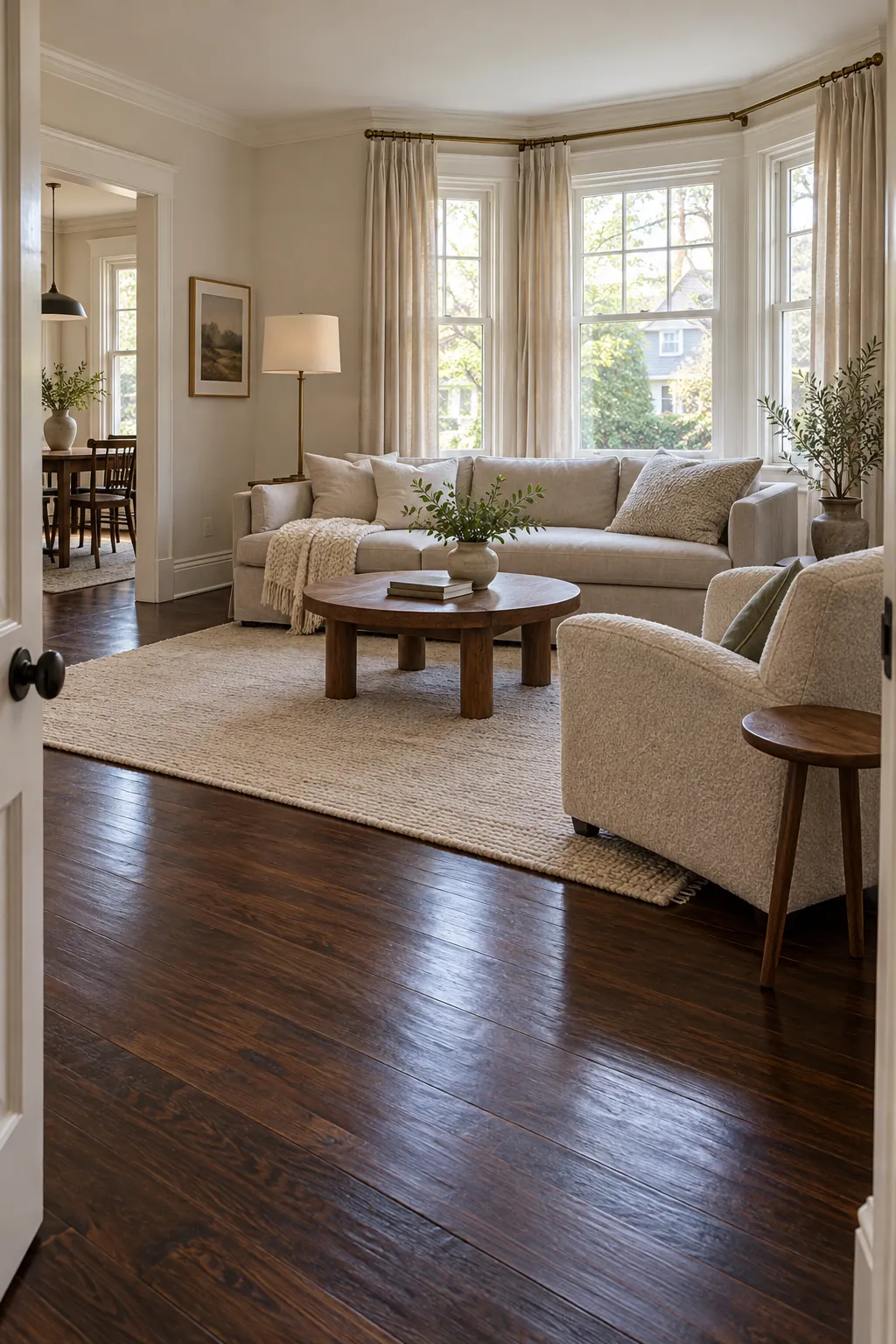 Create a Light Window Wall in a cozy living room with dark hardwood floors