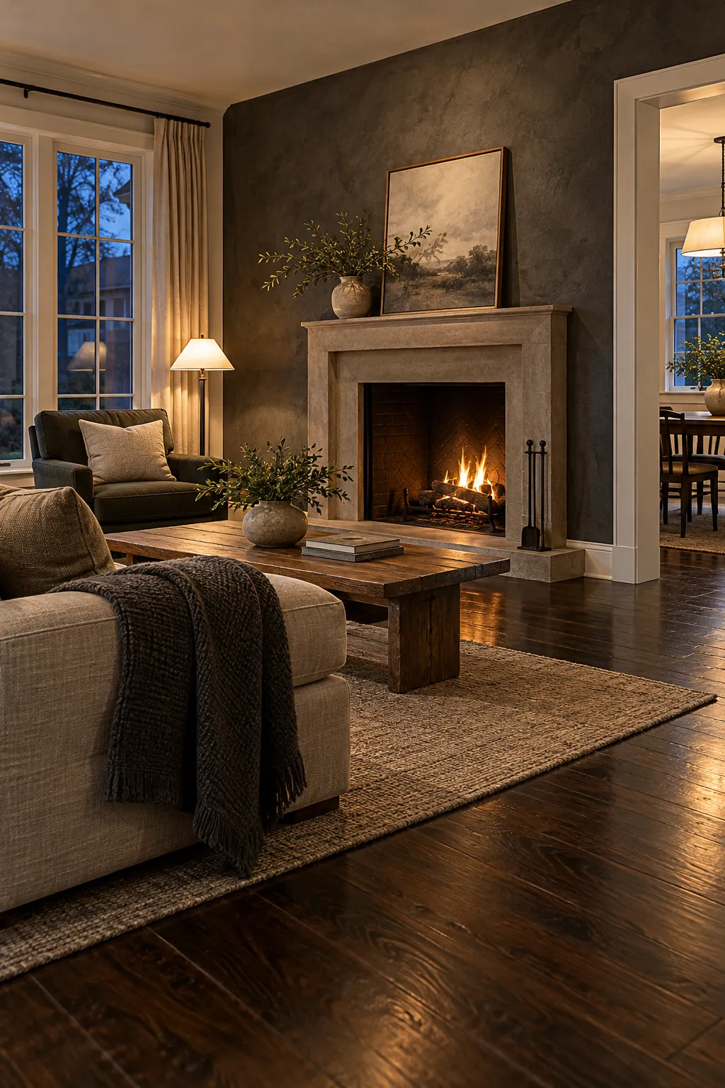 Try a Plaster Finish on One Wall in a cozy living room with dark hardwood floors