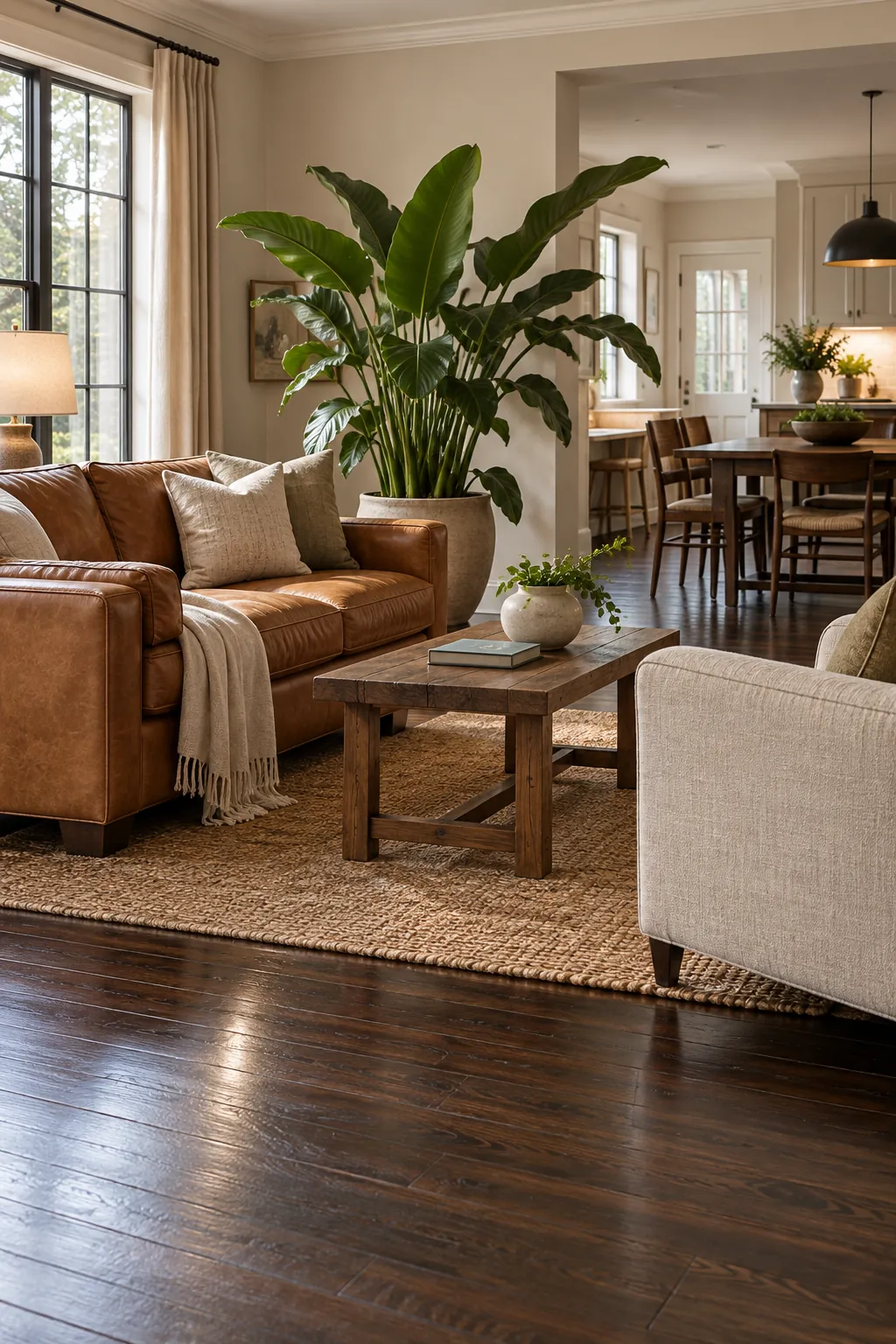 Bring in Broad Leaf Plants in a cozy living room with dark hardwood floors