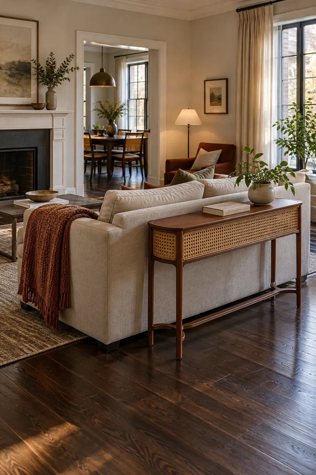 Use a Slim Console Behind the Sofa in a cozy living room with dark hardwood floors