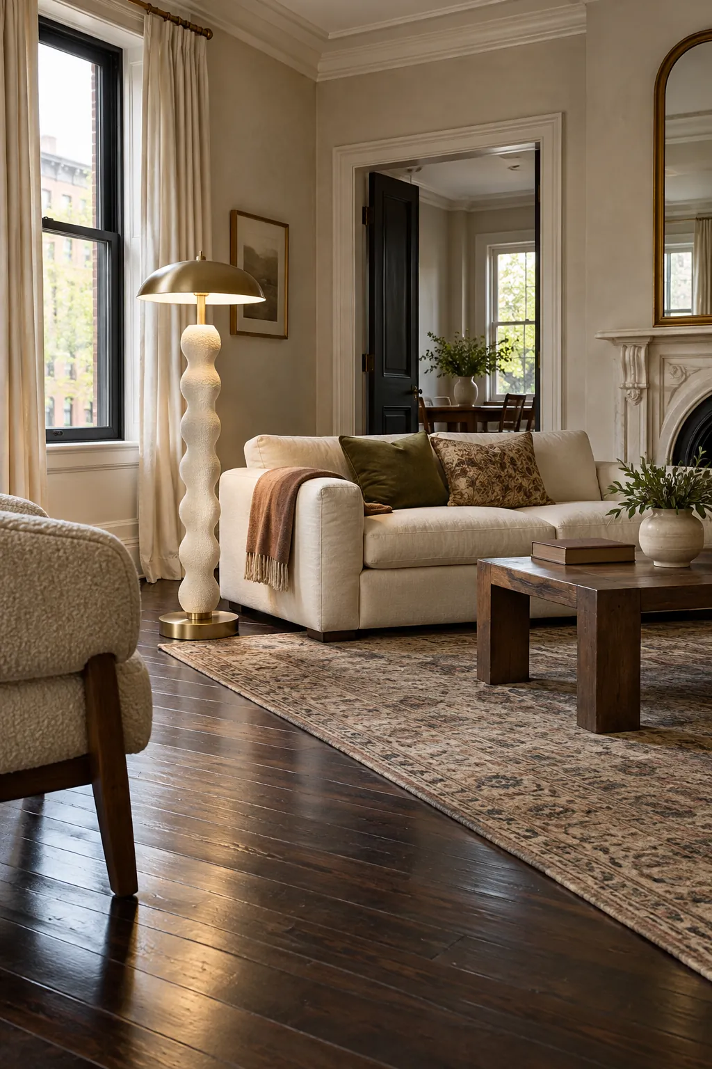 Add One Sculptural Floor Lamp in a cozy living room with dark hardwood floors