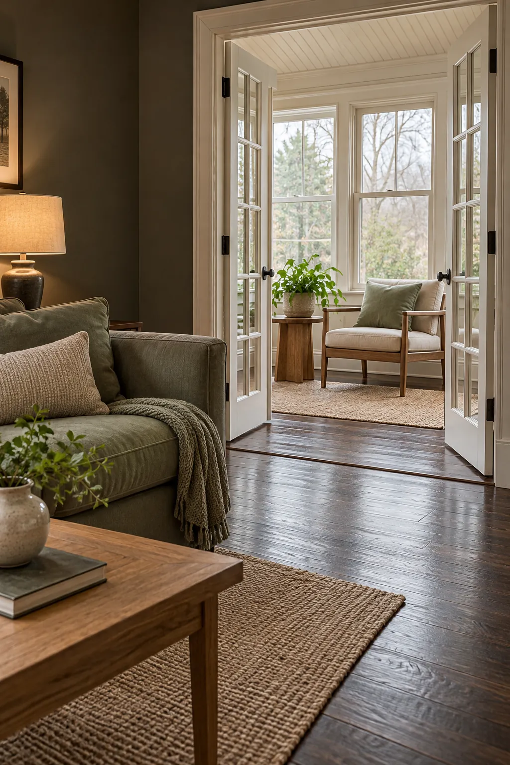 Use Soft Charcoal for Depth in a cozy living room with dark hardwood floors