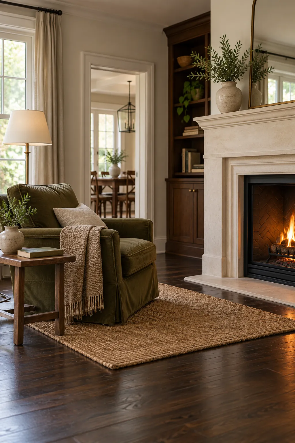 Make the Fireplace Surround Lighter in a cozy living room with dark hardwood floors