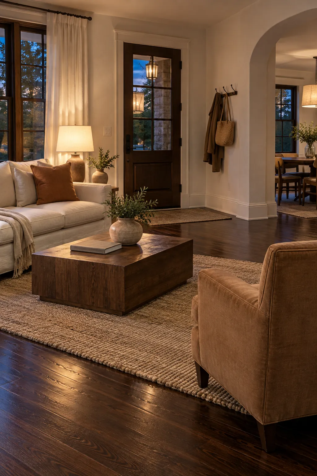 Finish With a Balanced Evening Scene in a cozy living room with dark hardwood floors