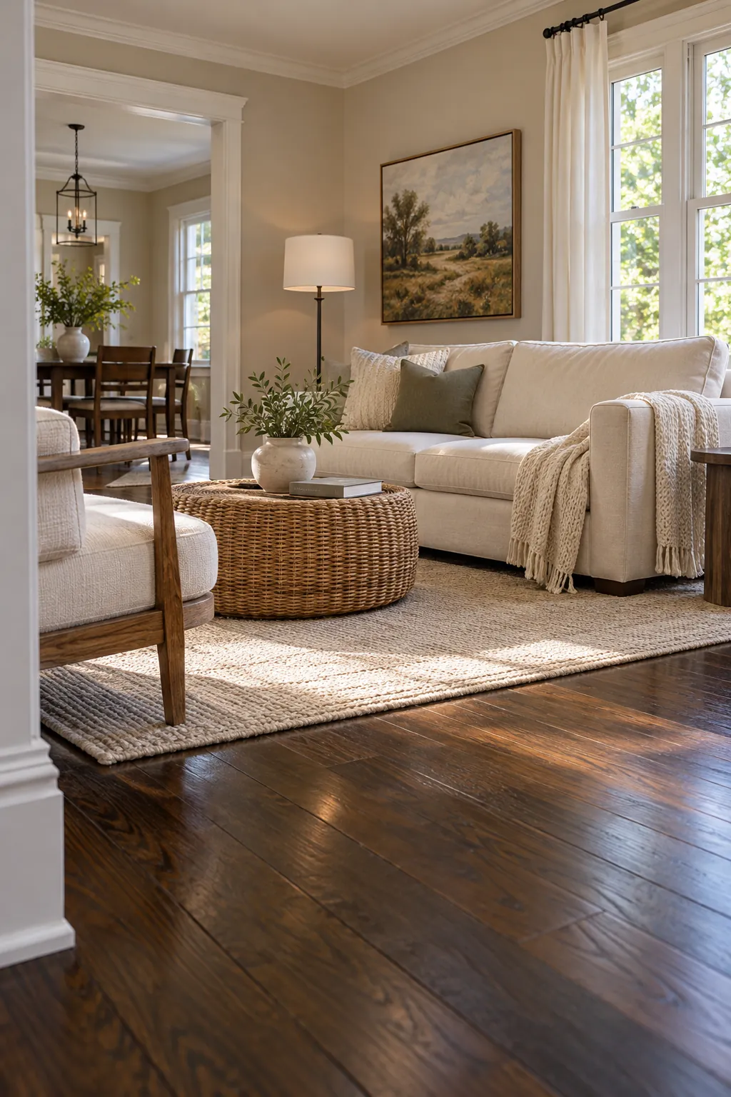 Keep Everyday Surfaces Clear in a cozy living room with dark hardwood floors