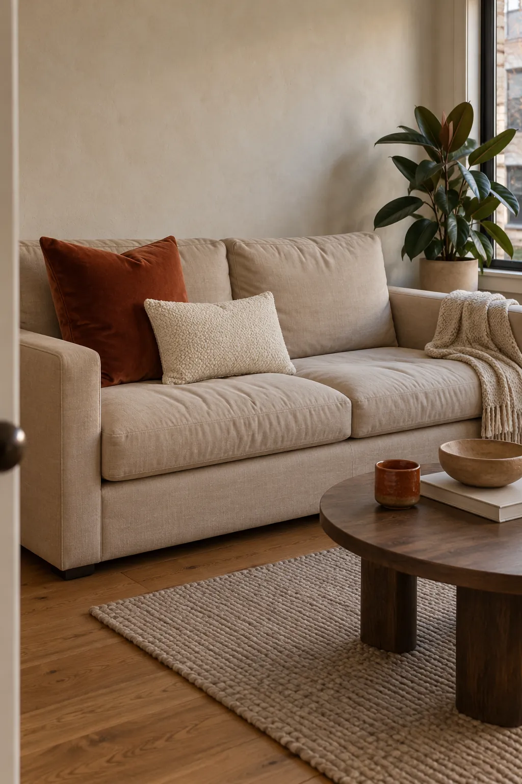 Rust velvet and cream boucle throw pillows on a beige couch