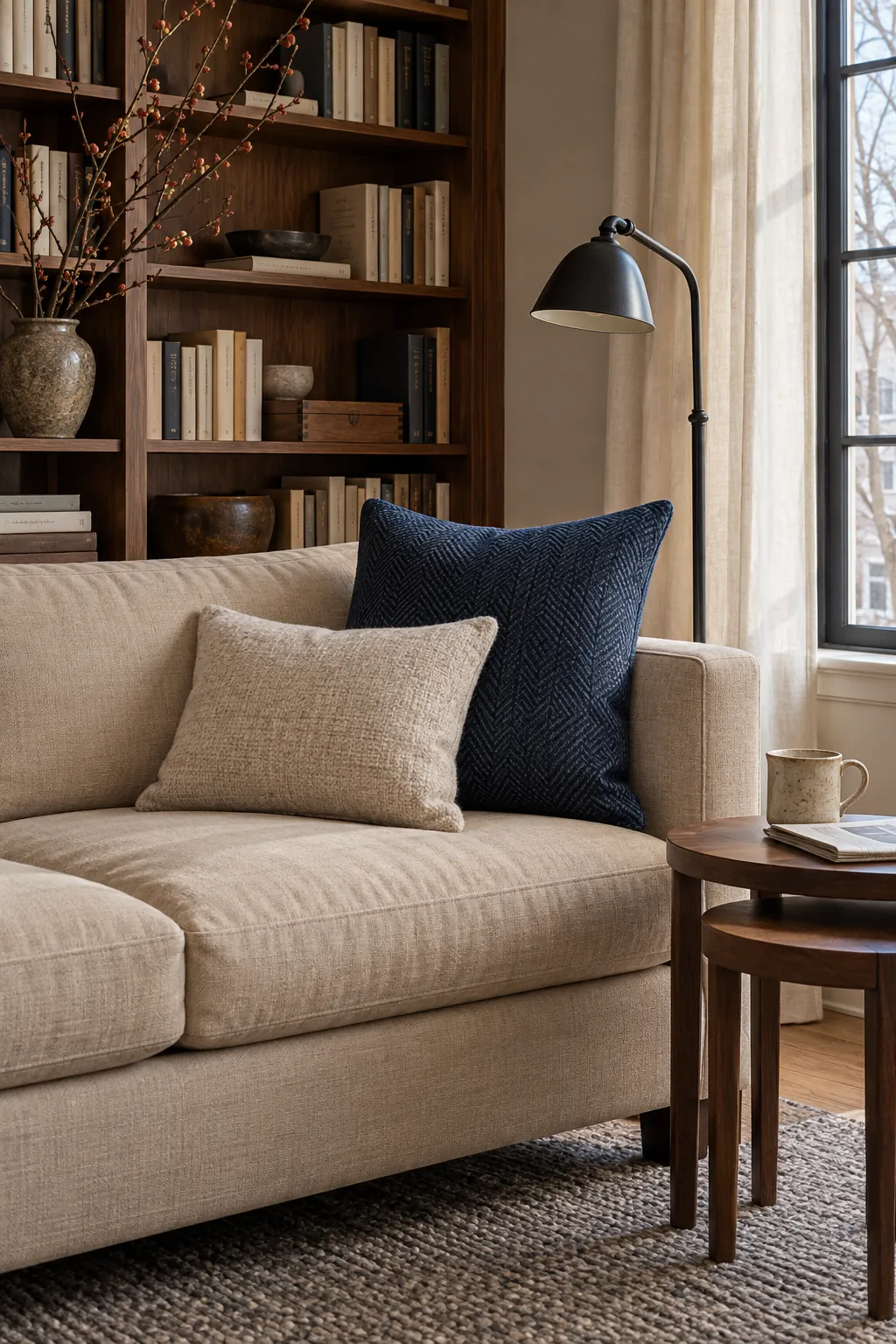 Navy herringbone and oatmeal wool pillows on a neutral couch