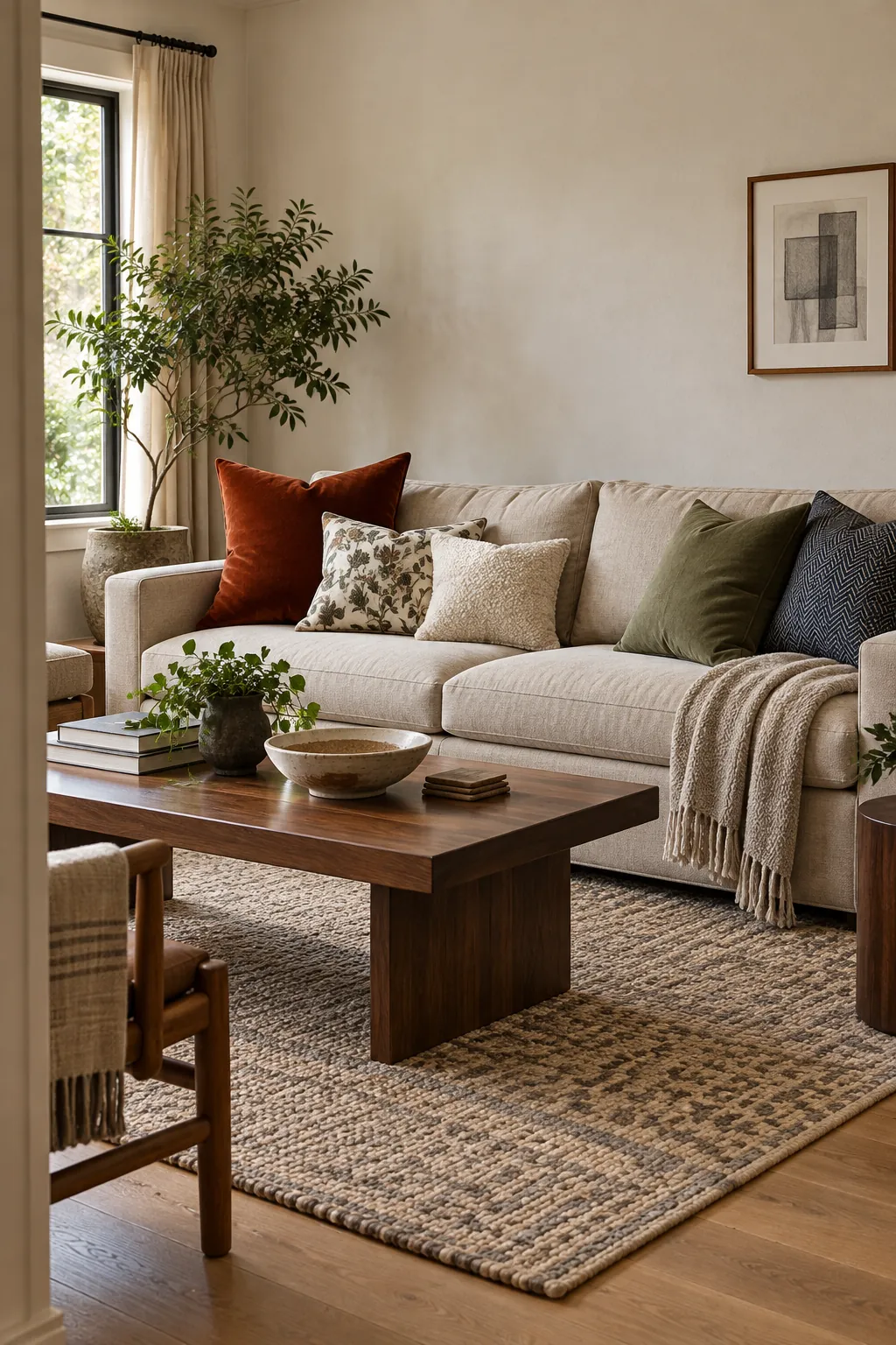 Layered colorful throw pillow combinations on a beige couch