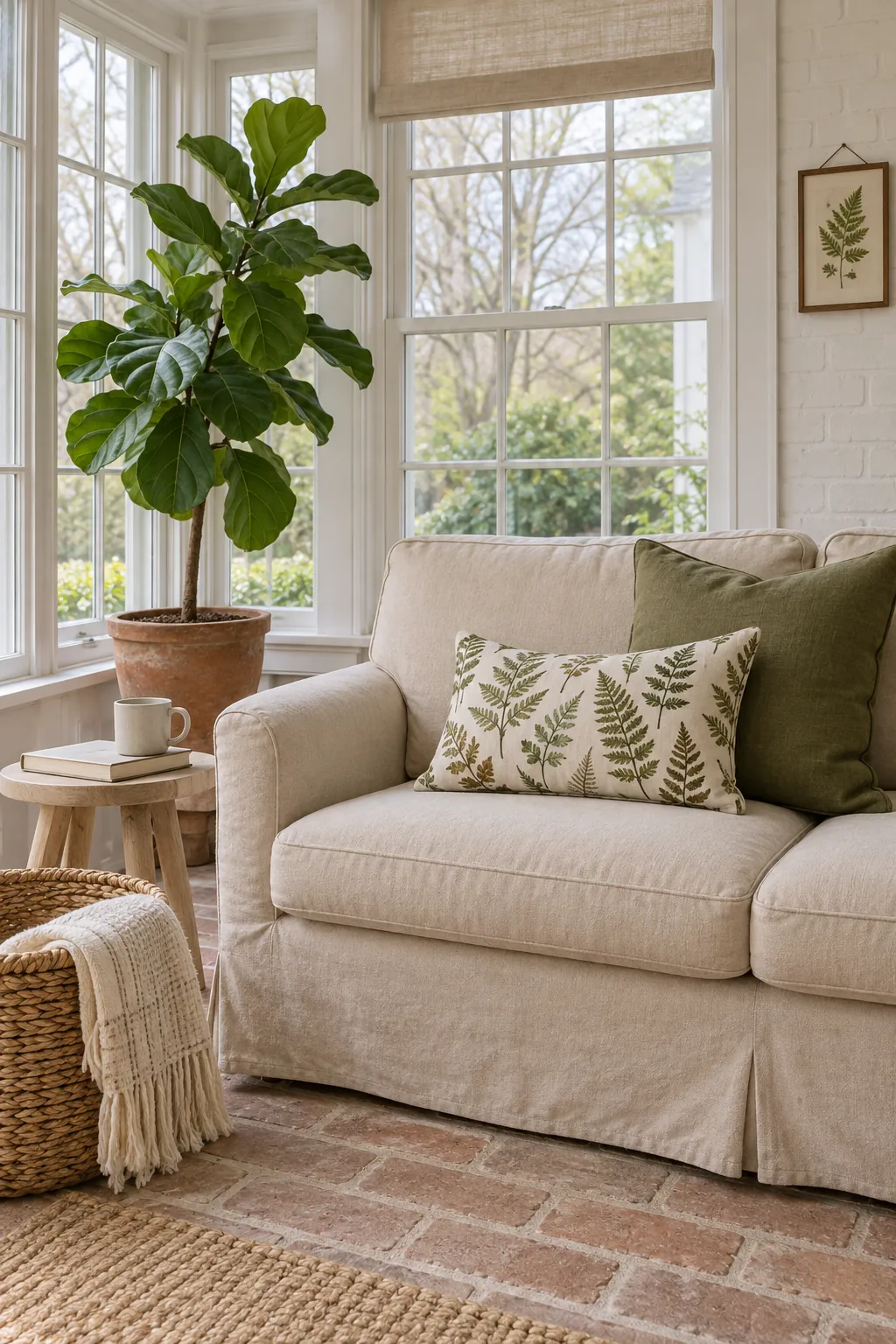Olive linen and botanical print pillows styling a beige sofa