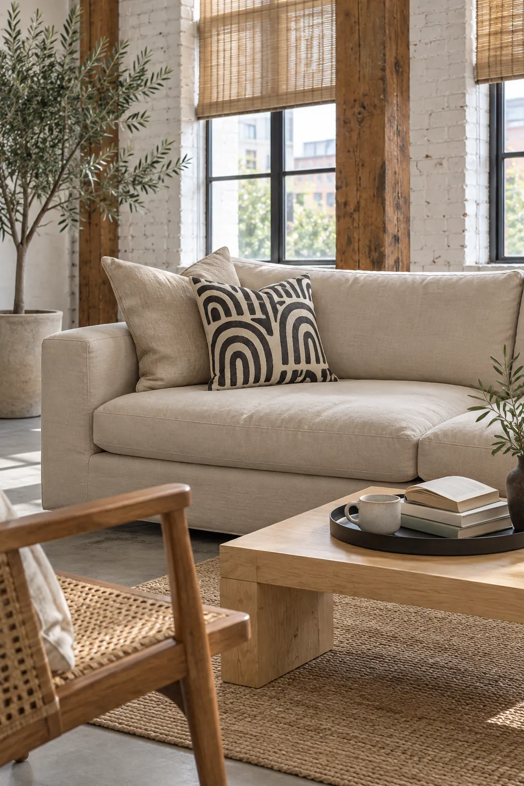 Charcoal block print and natural flax pillows on a beige couch