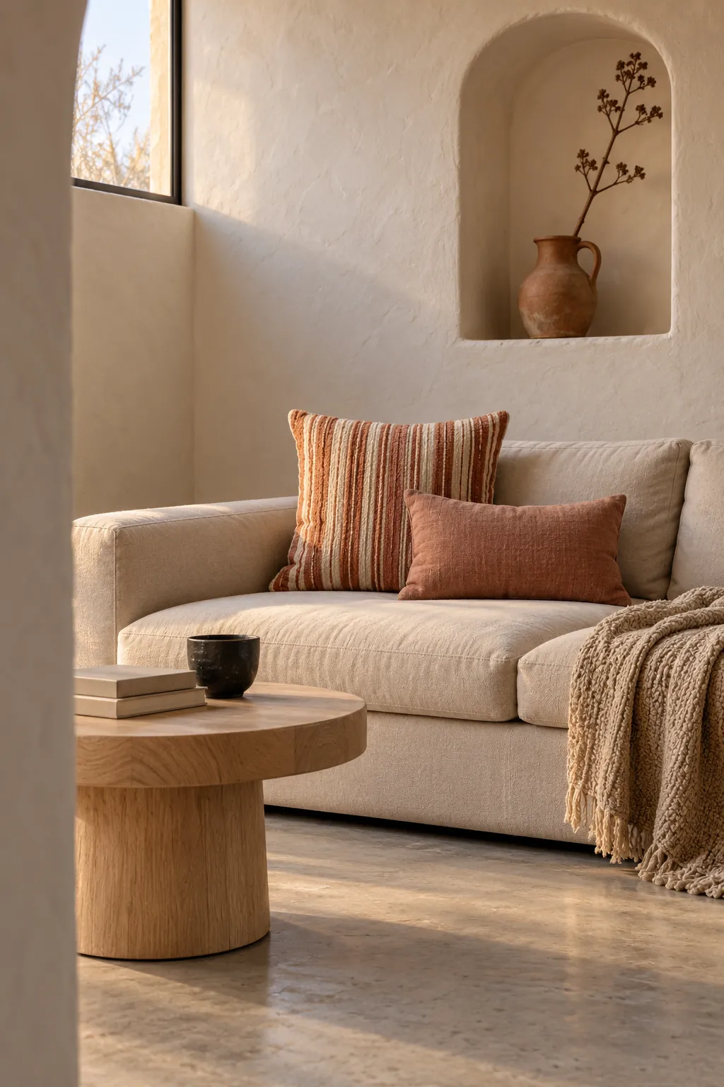 Terracotta striped and solid clay pillows on a beige couch