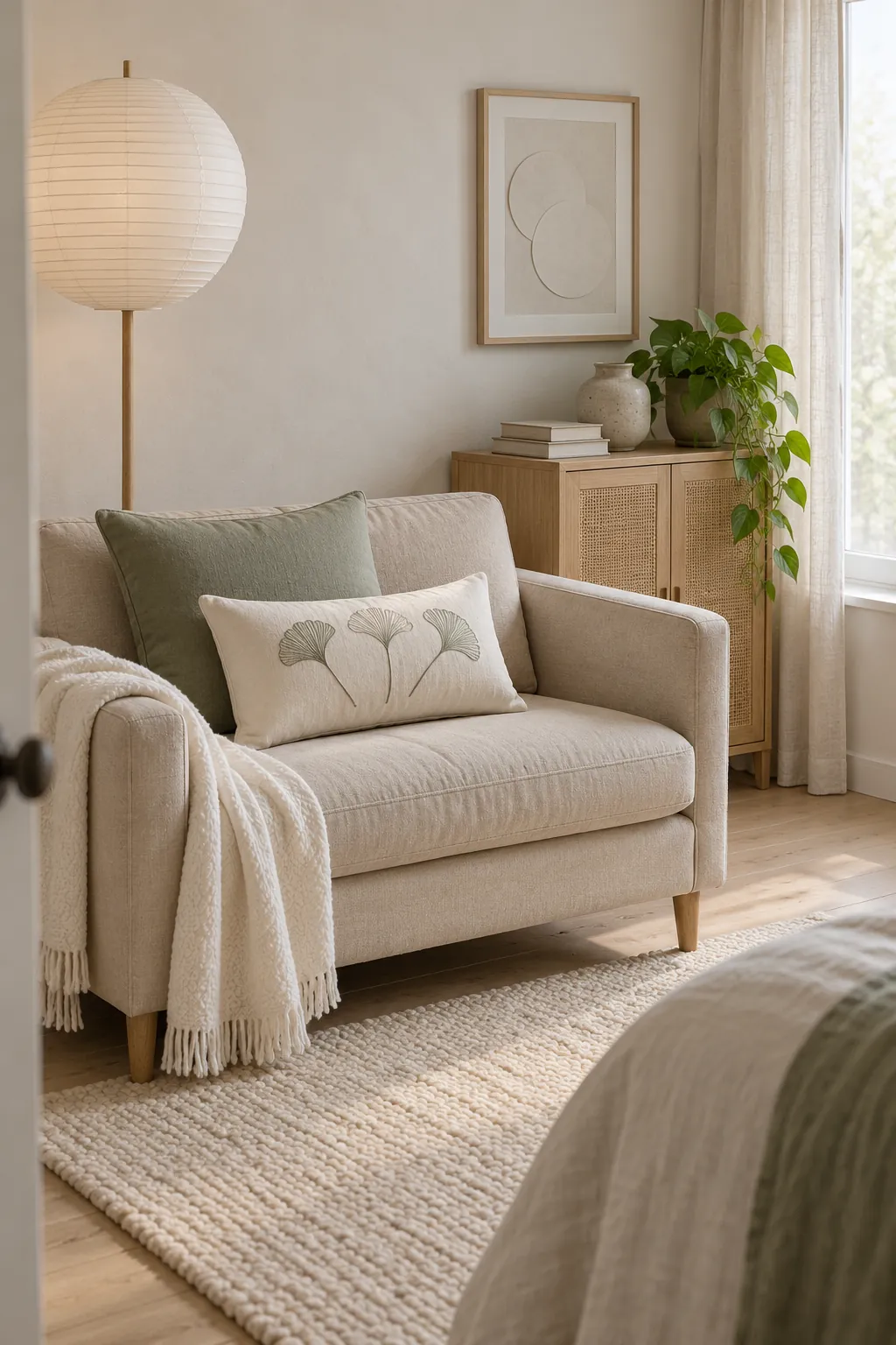 Sage cotton and ivory embroidered pillows on a neutral sofa