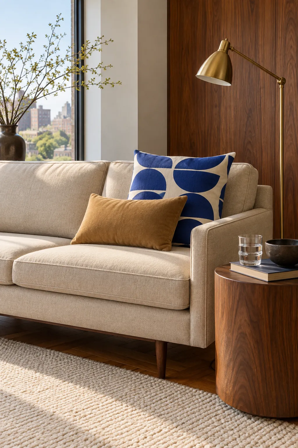 Cobalt geometric and warm camel pillows on a beige sofa