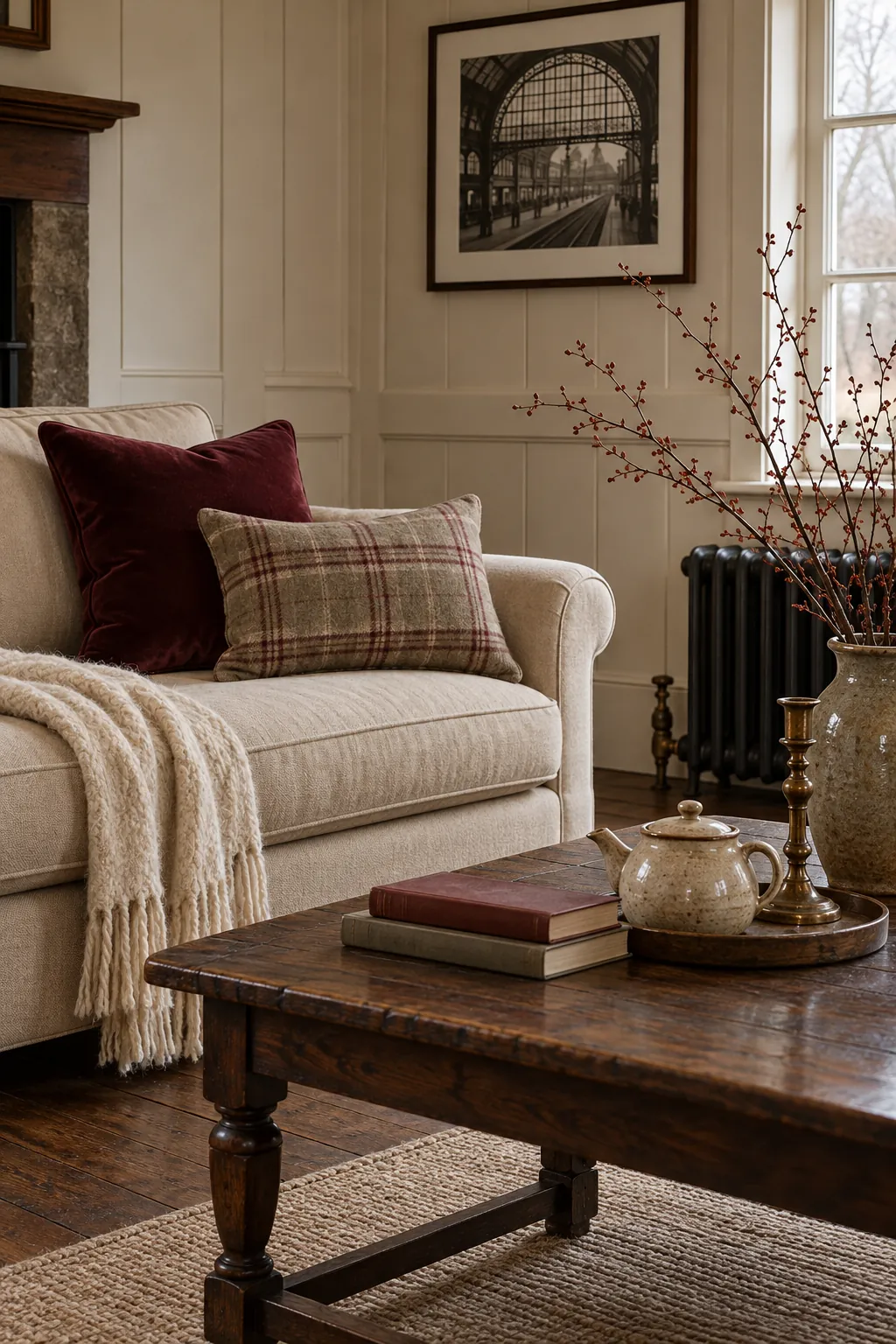 Burgundy velvet and taupe plaid throw pillows on beige seating