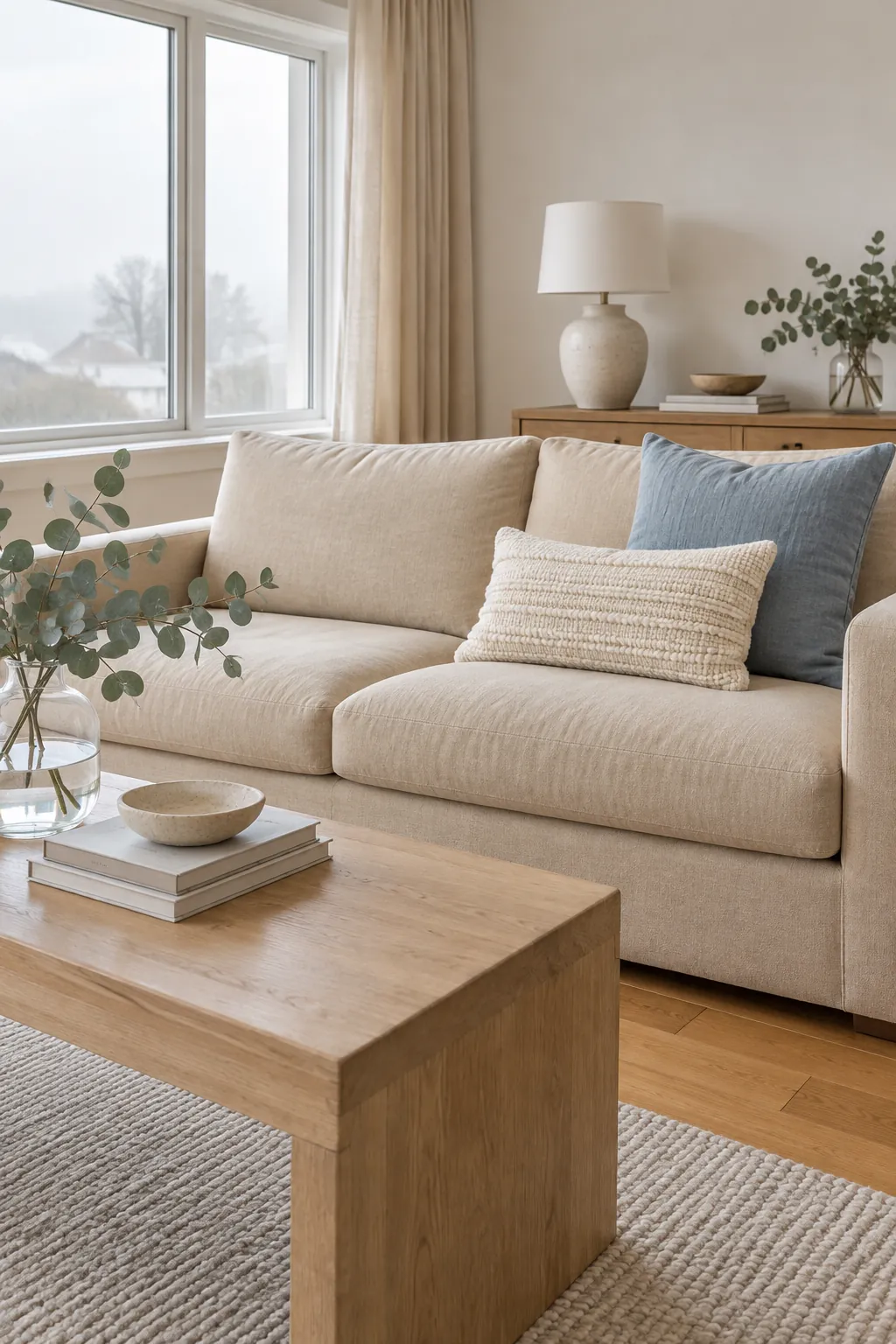 Dusty blue linen and woven cream pillows on a beige couch