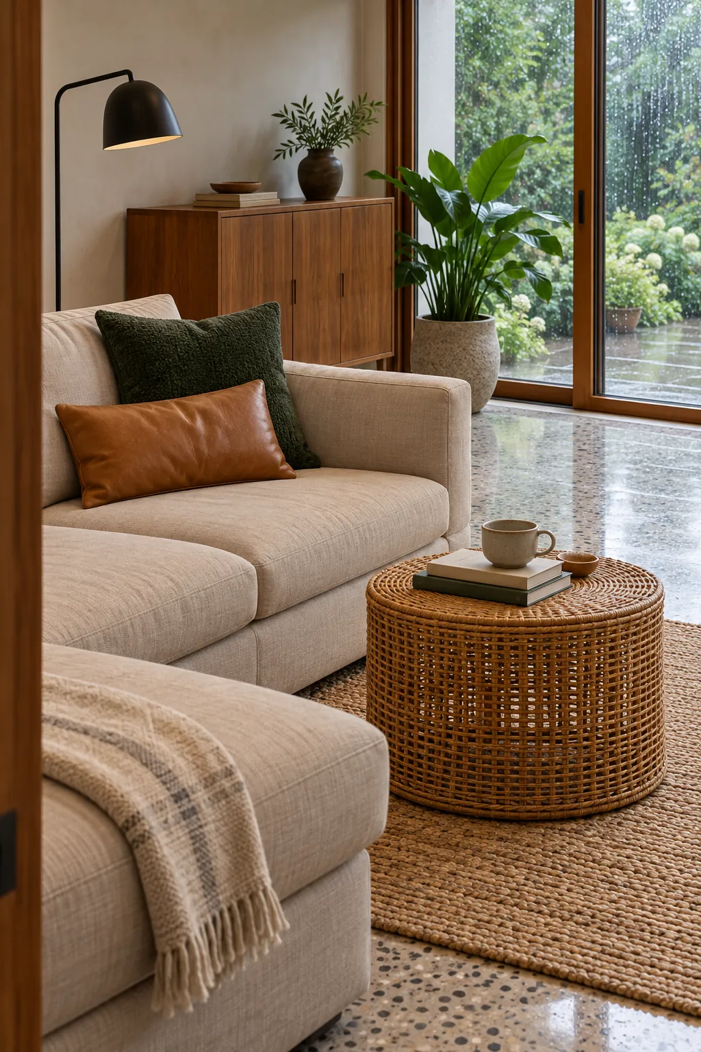 Forest green chenille and tan leather pillows on beige upholstery