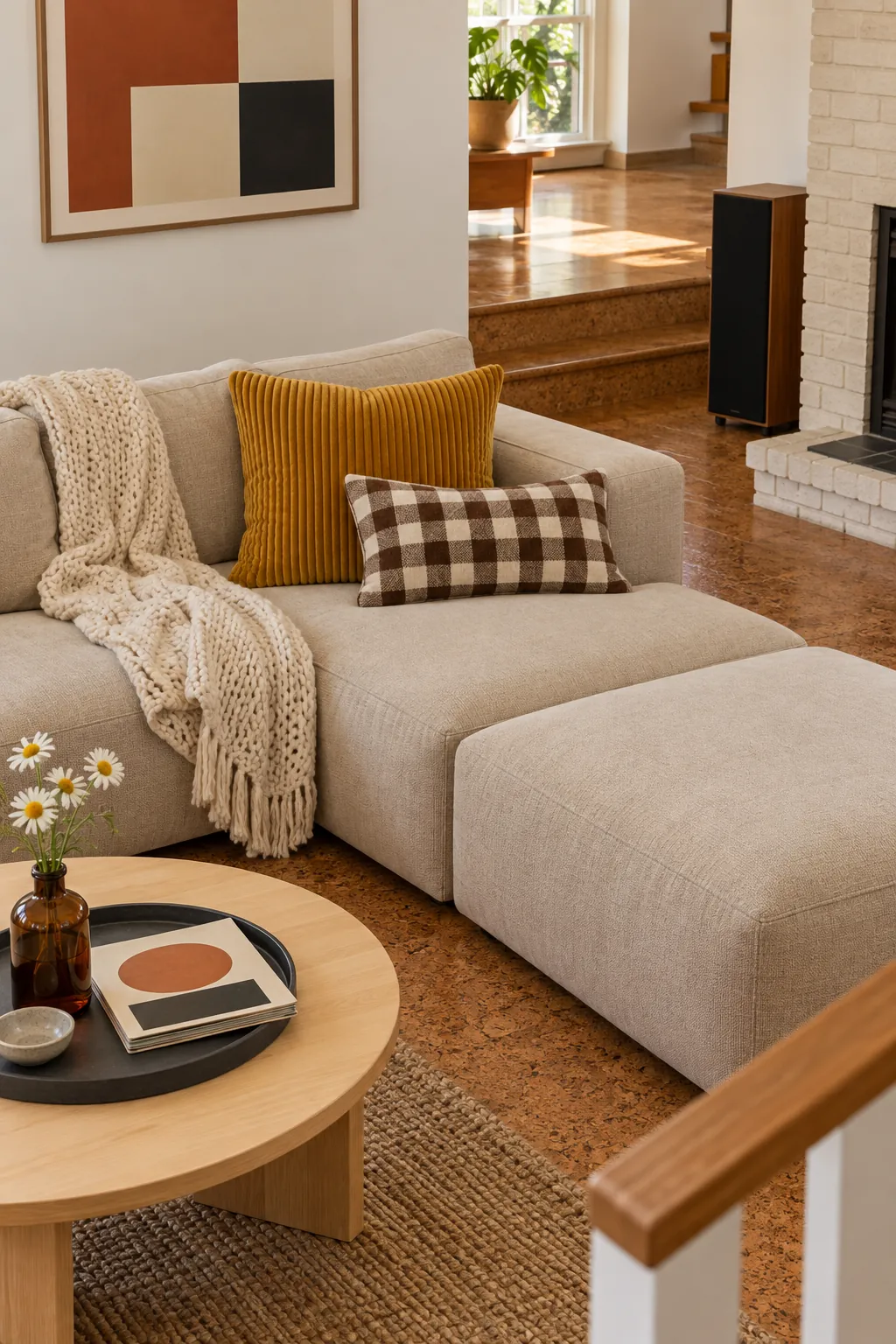 Mustard corduroy and brown check pillows on a beige couch