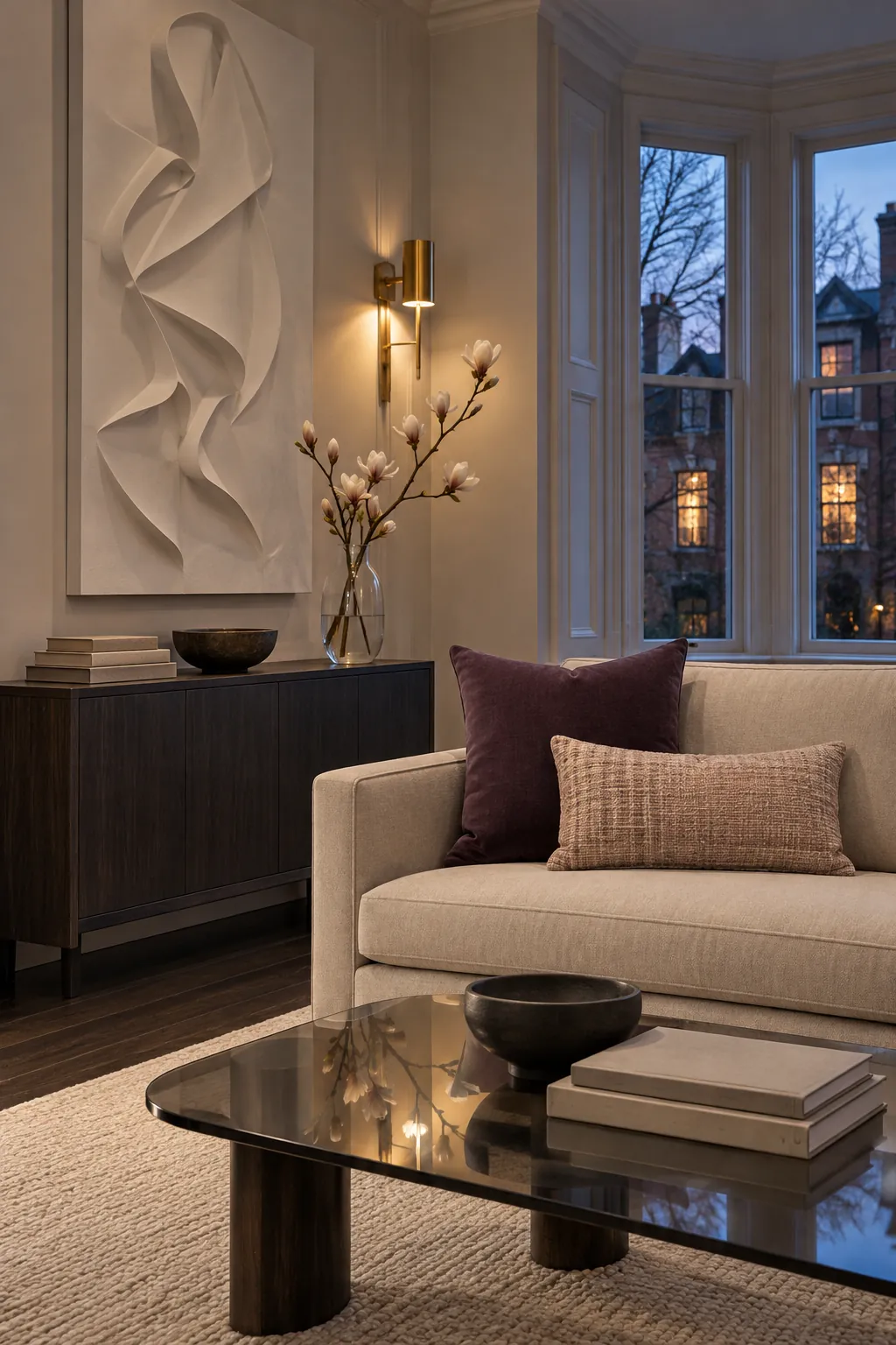 Plum linen and soft pink woven pillows on a beige sofa