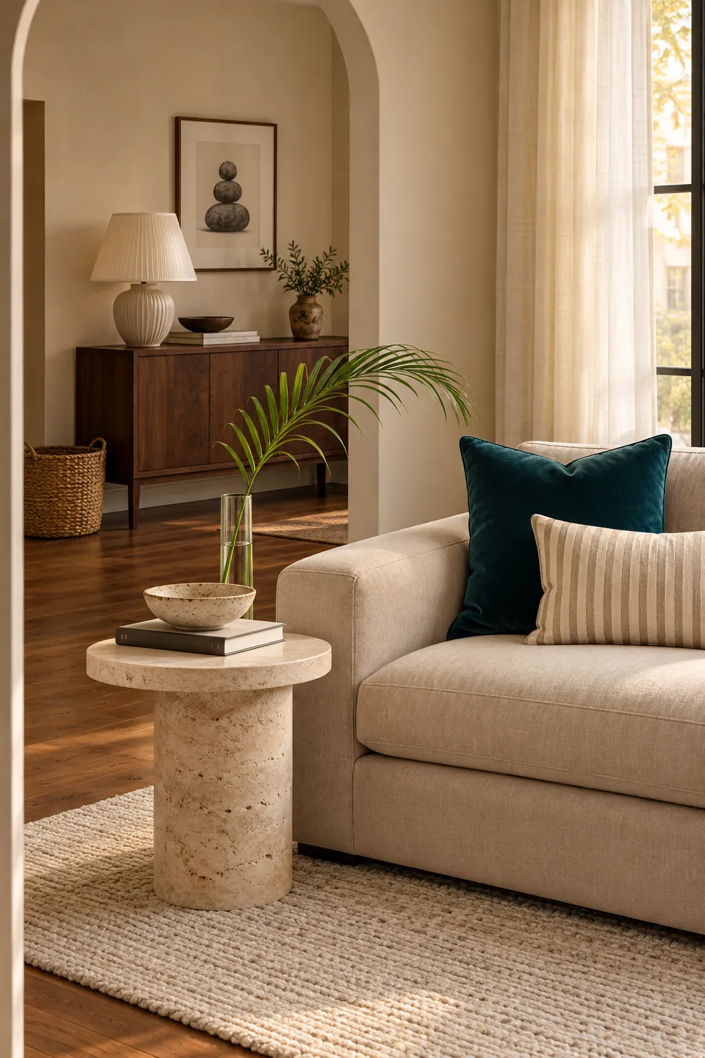 Teal velvet and sand striped pillows on a beige sofa