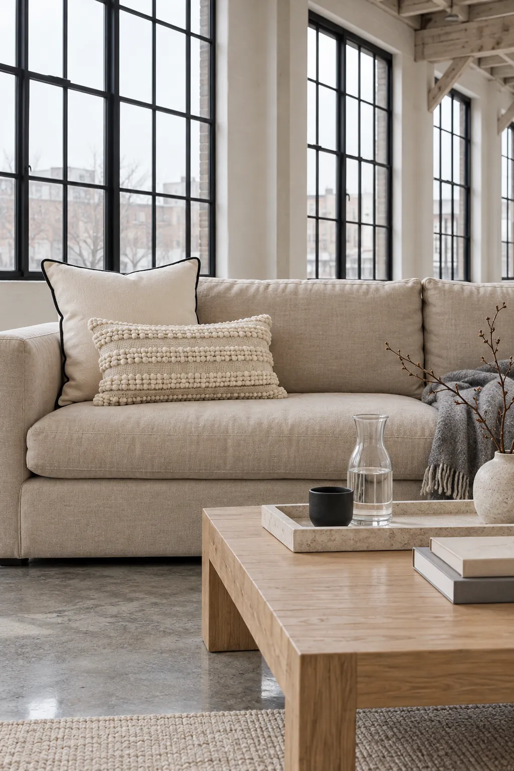 Cream pillows with black piping and knotted texture on a beige couch