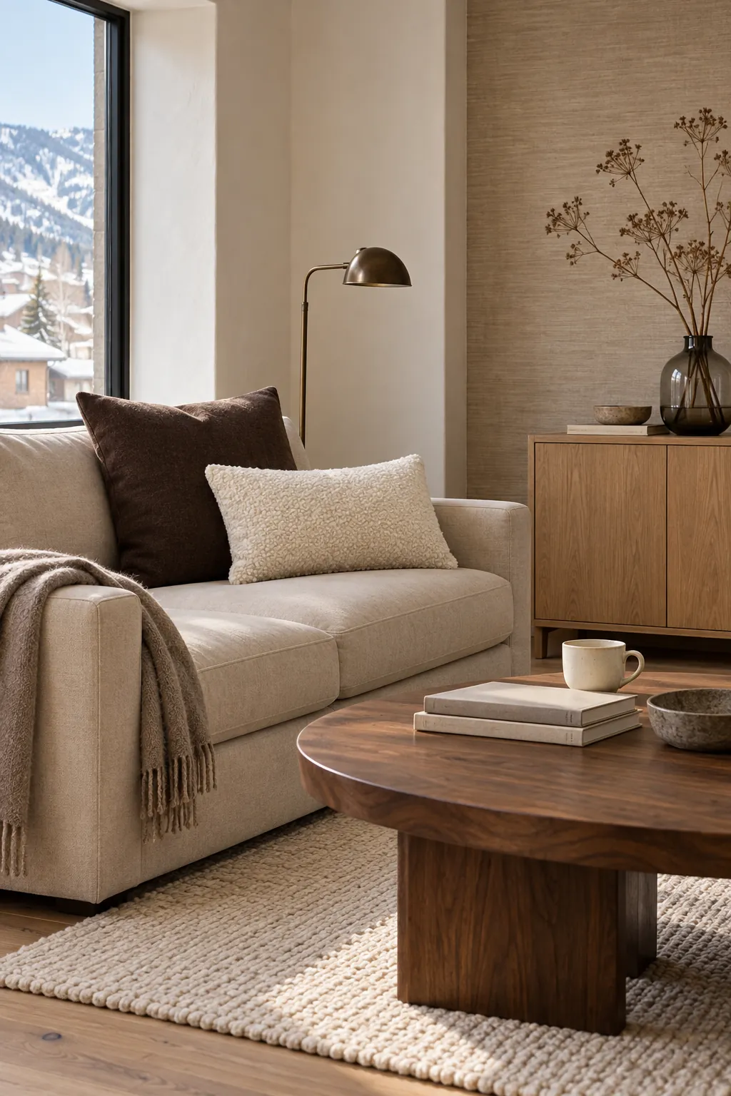 Chocolate brown and ivory boucle pillows on a beige couch