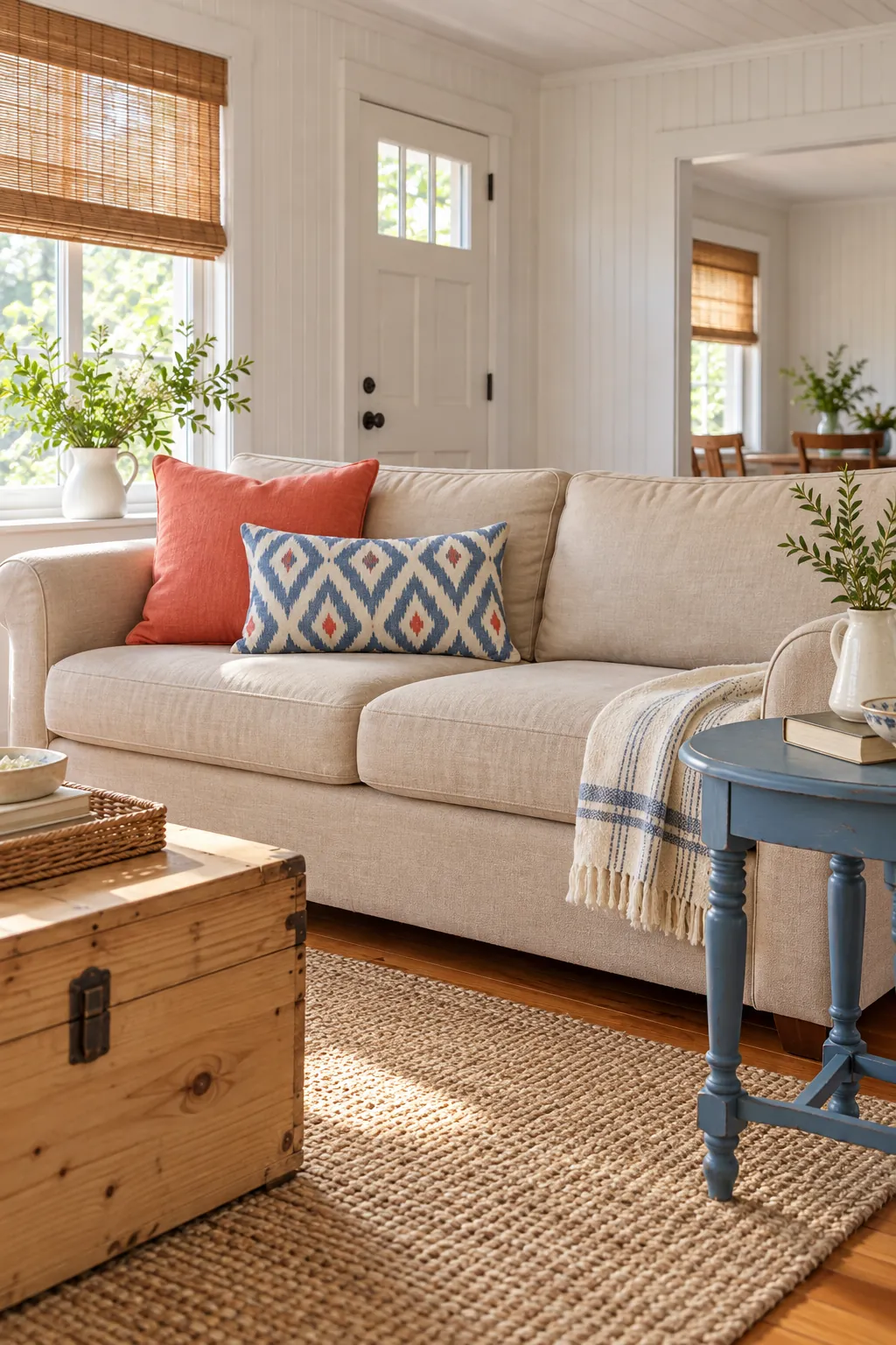 Coral cotton and blue block print pillows on a beige sofa