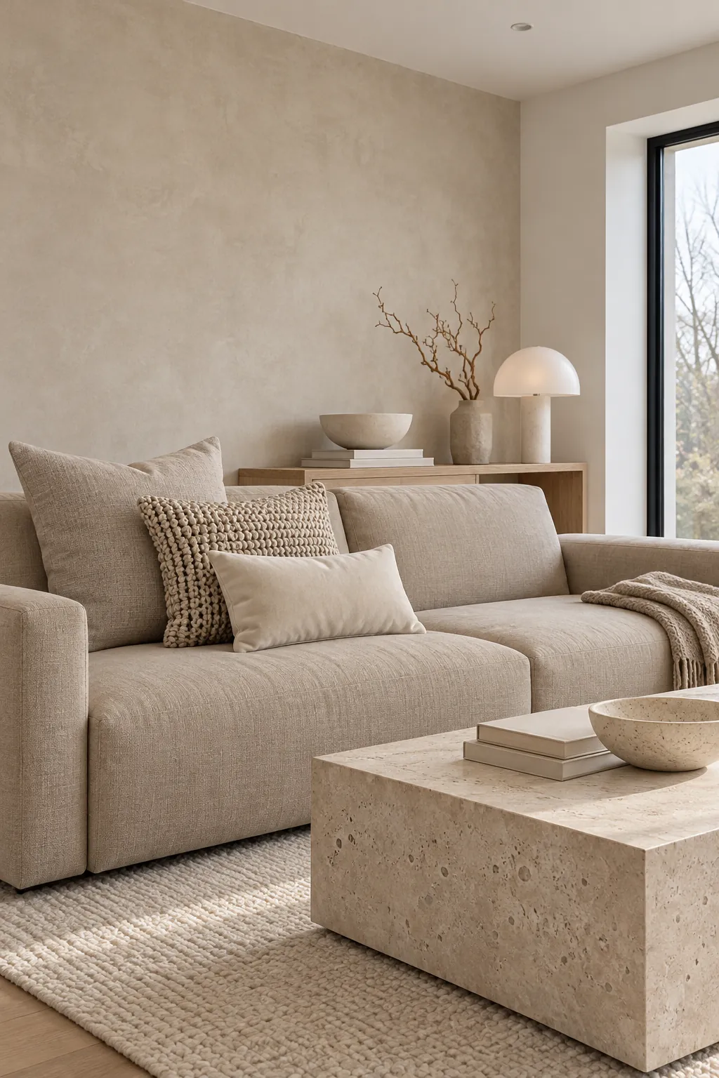 Three textured neutral pillows layered on a beige couch